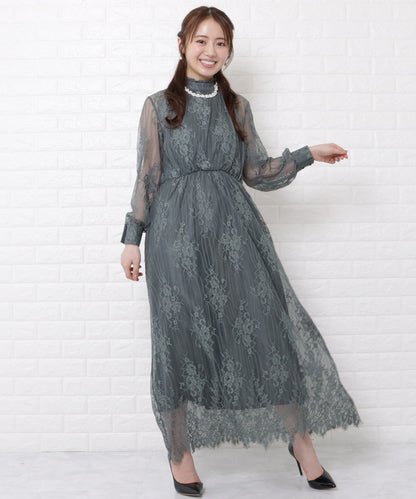総レースハイネックロングワンピースドレス