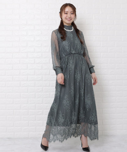 総レースハイネックロングワンピースドレス