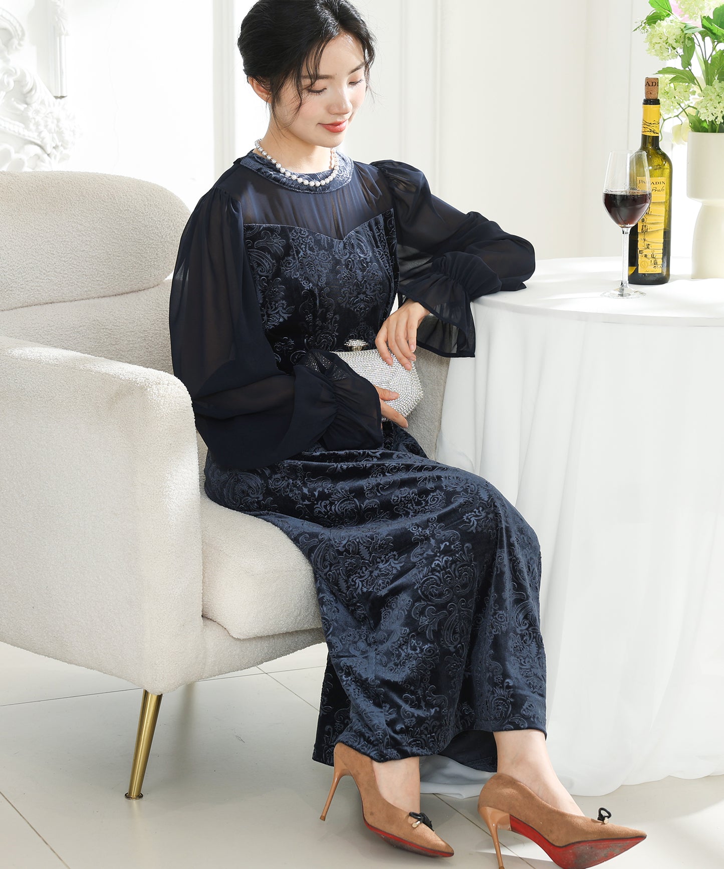 レース スパンコール ドッキング キャンディスリーブ ドレス