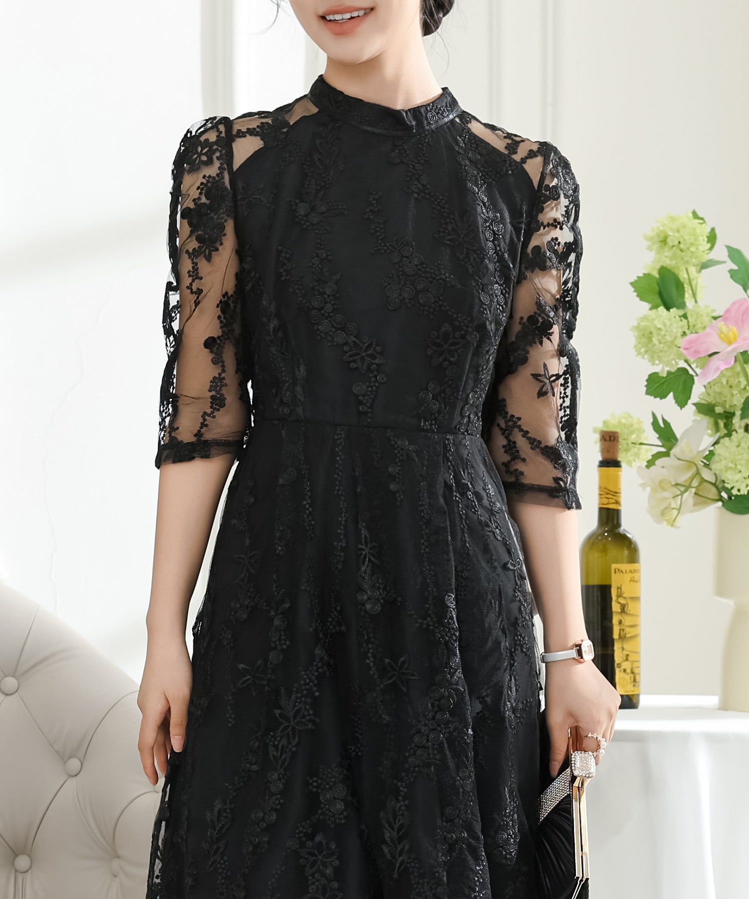 ネイビー ベルベット ロングドレス♡ ボタニカル柄 ジャガード シアー レイヤード ロング ドレス