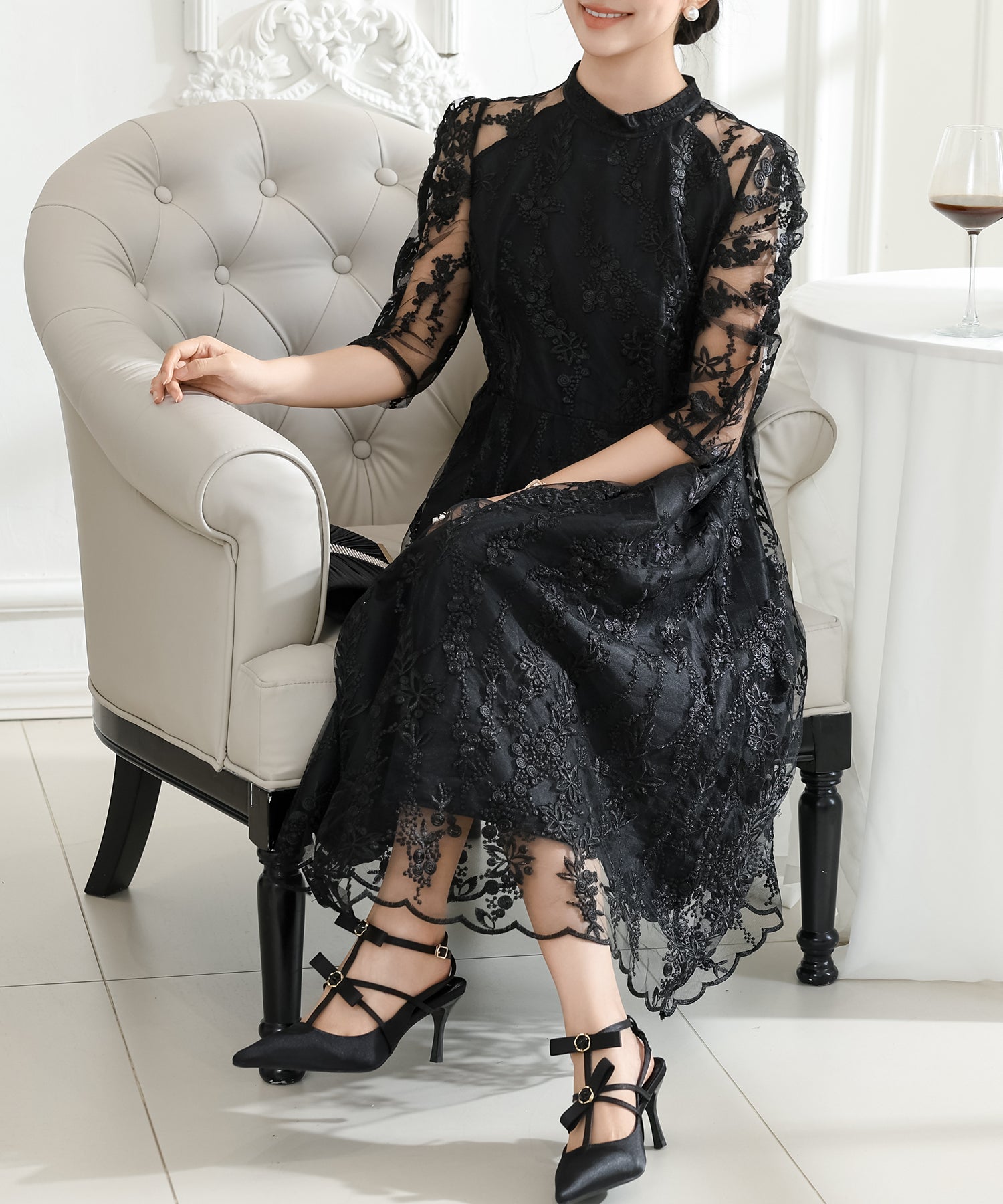 ボタニカル柄 ジャガード シアー レイヤード ロング ドレス