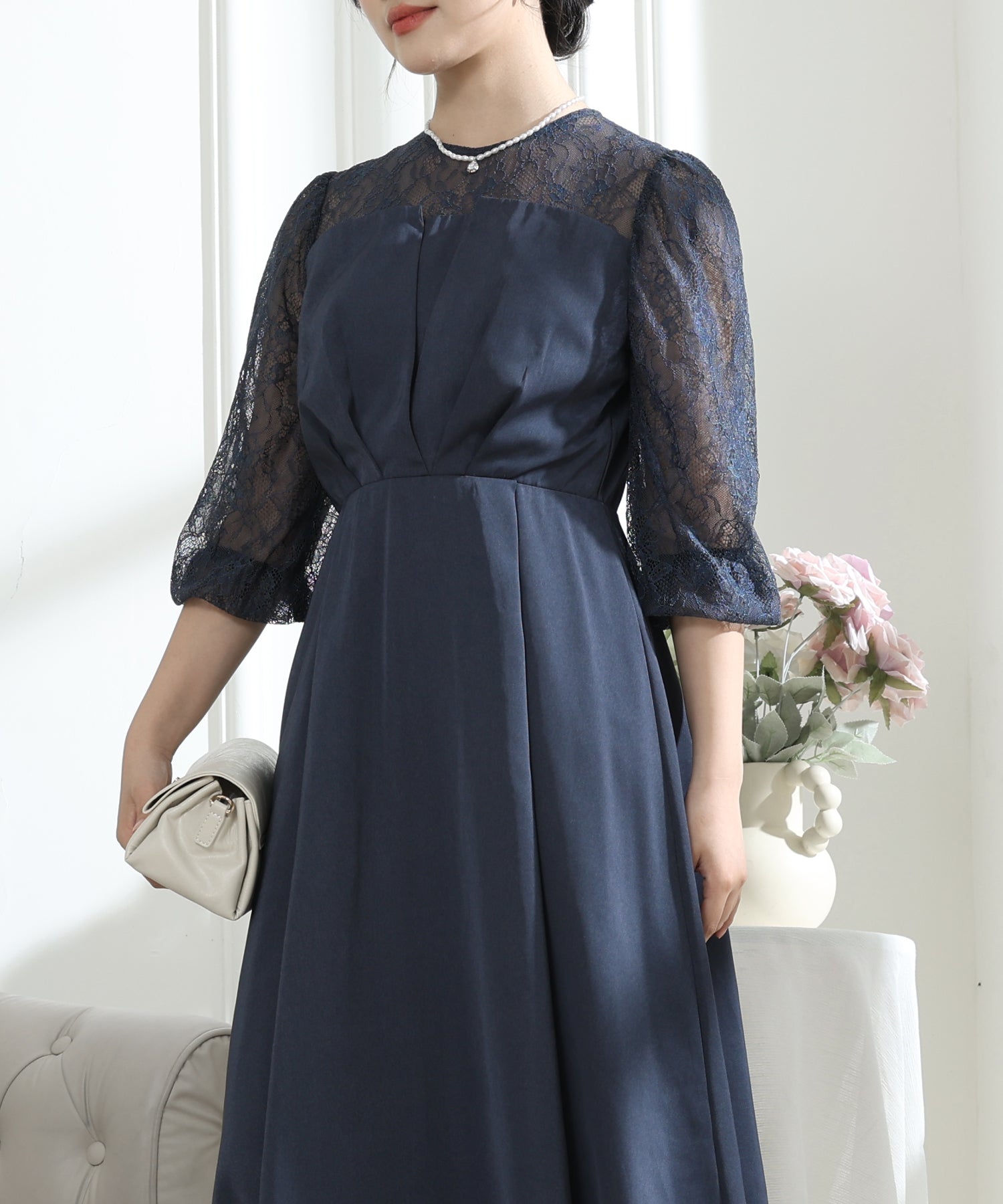 ビスチェ風 レース 切り替え 6分袖 ワンピース – Lace Ladies