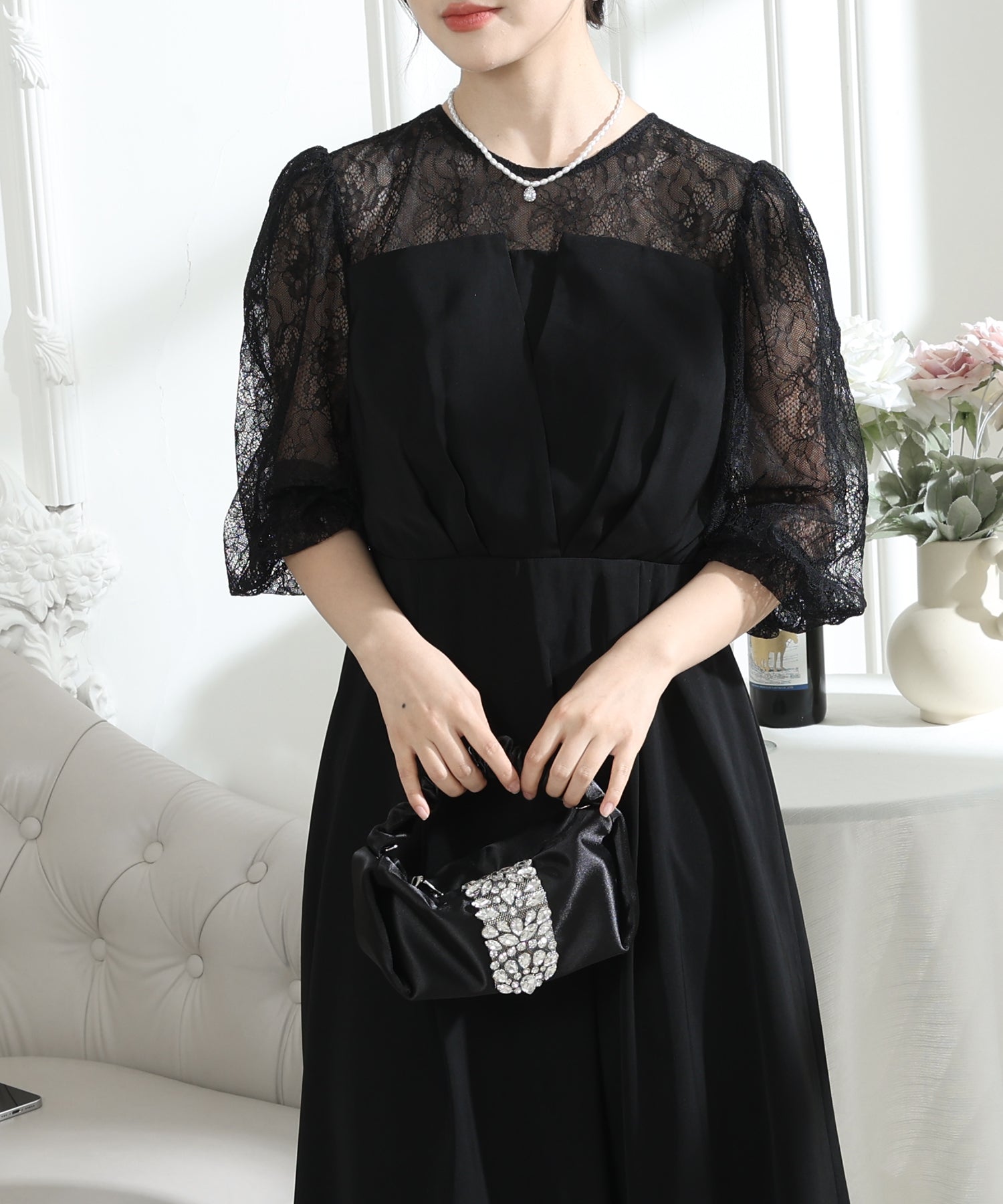 ビスチェ風 レース 切り替え 6分袖 ワンピース – Lace Ladies
