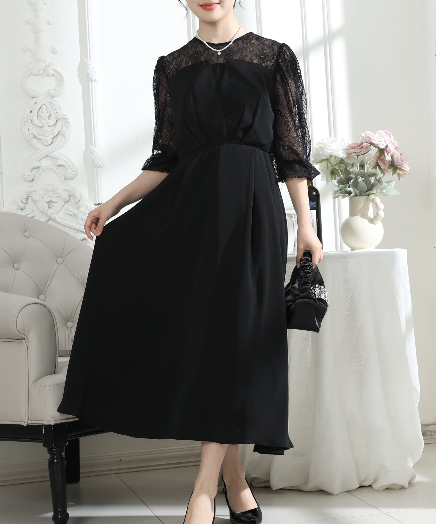 ビスチェ風 レース 切り替え 6分袖 ワンピース – Lace Ladies