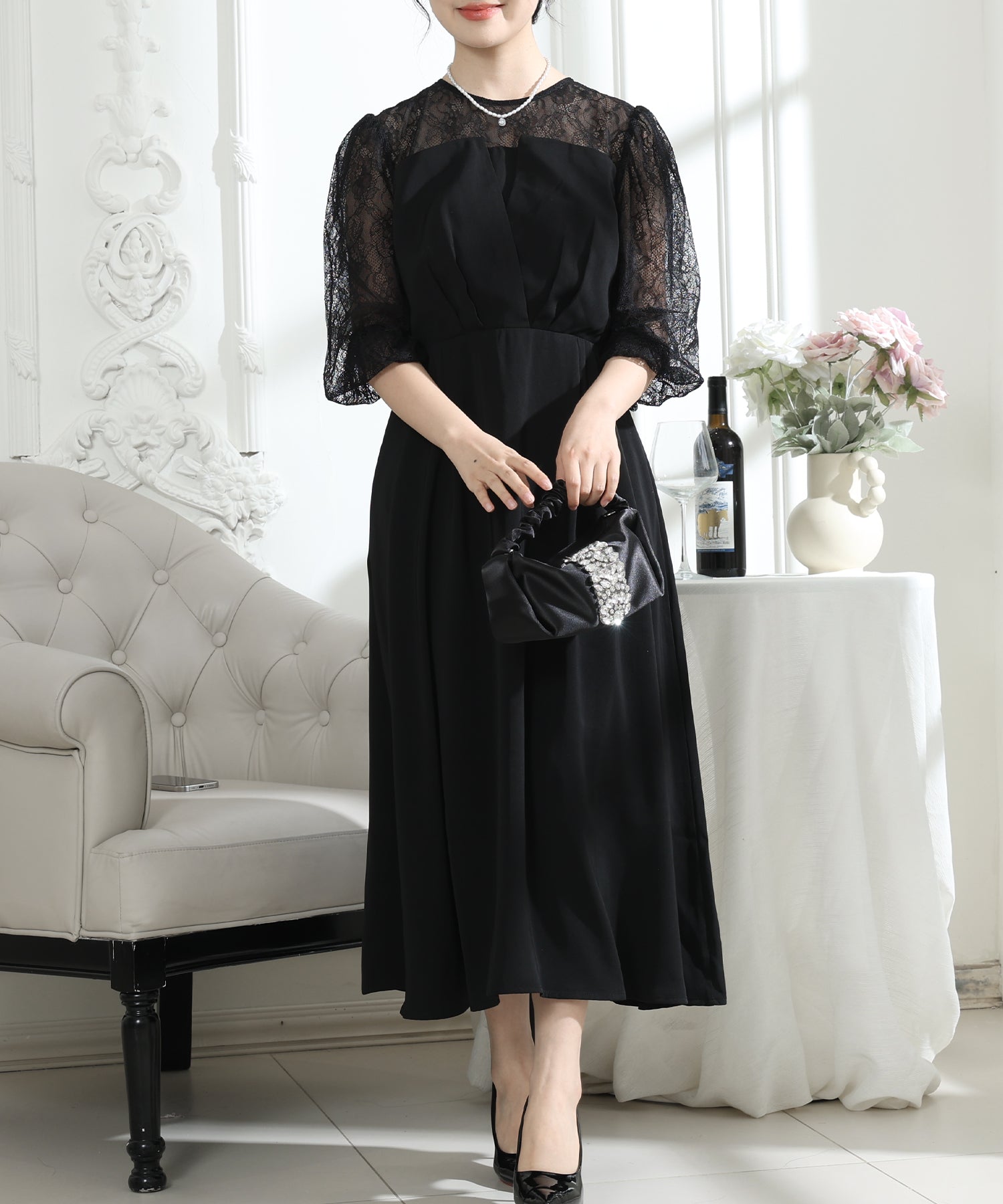 ビスチェ風 レース 切り替え 6分袖 ワンピース – Lace Ladies