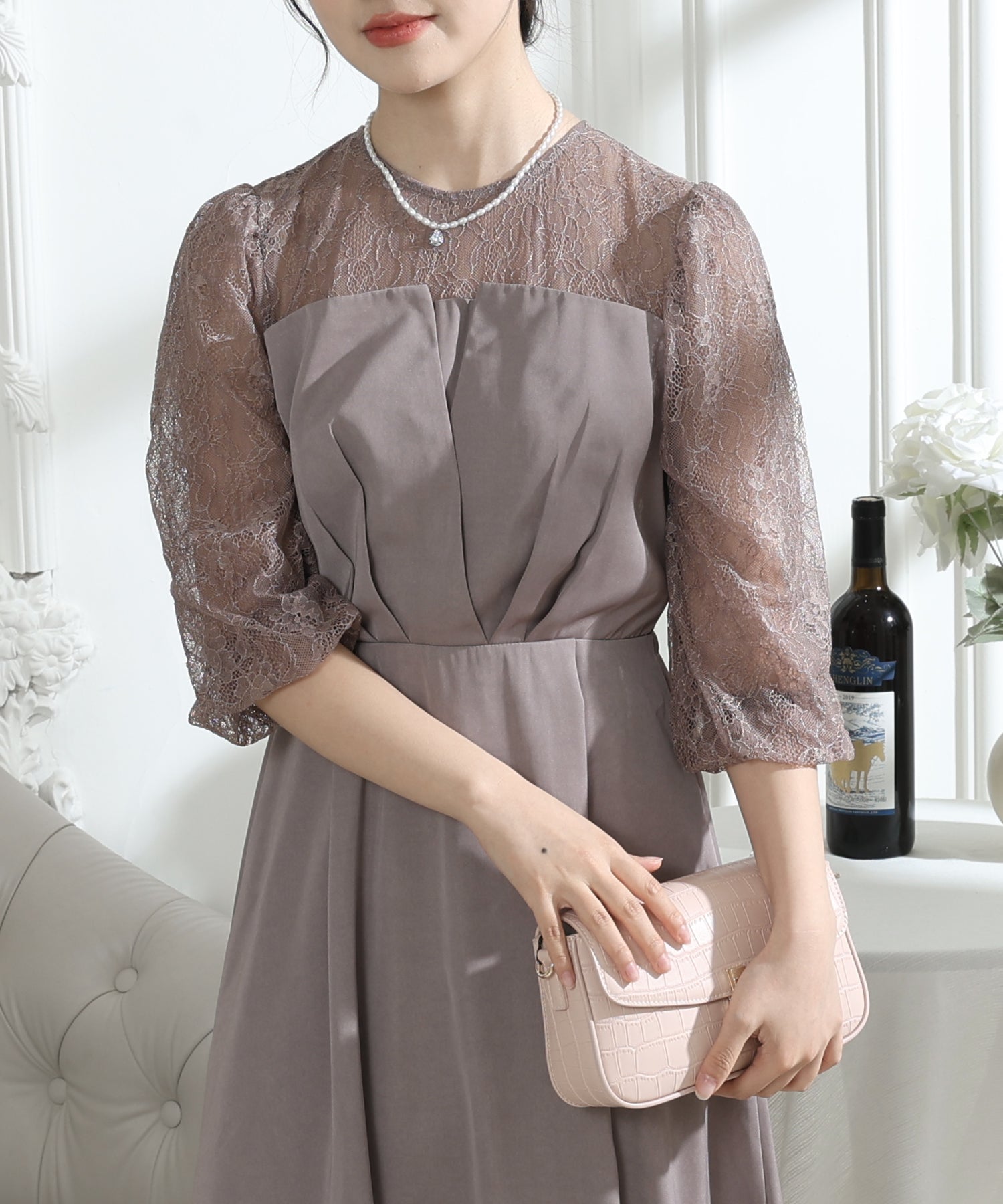 ビスチェ風 レース 切り替え 6分袖 ワンピース – Lace Ladies