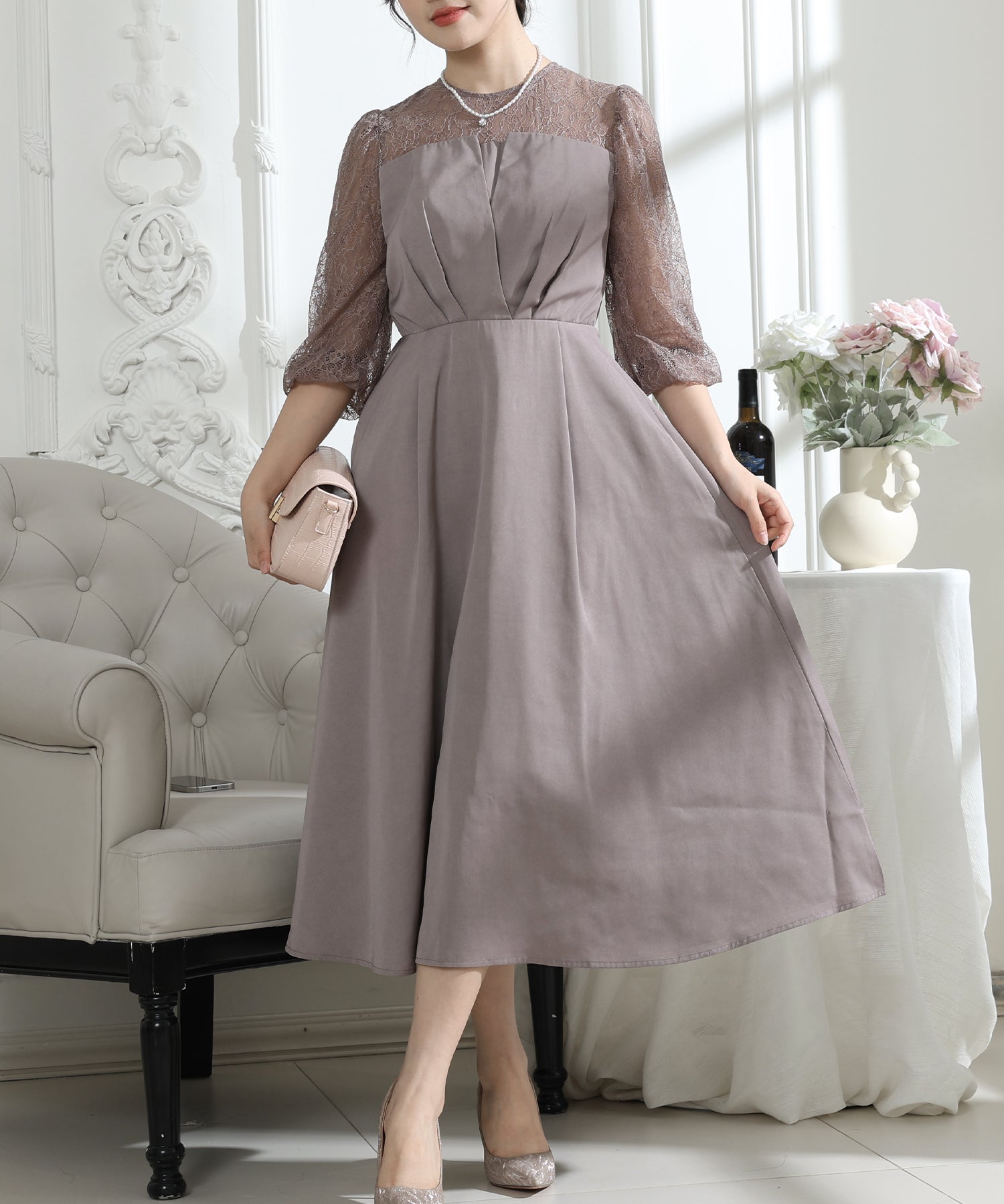 ビスチェ風 レース 切り替え 6分袖 ワンピース – Lace Ladies
