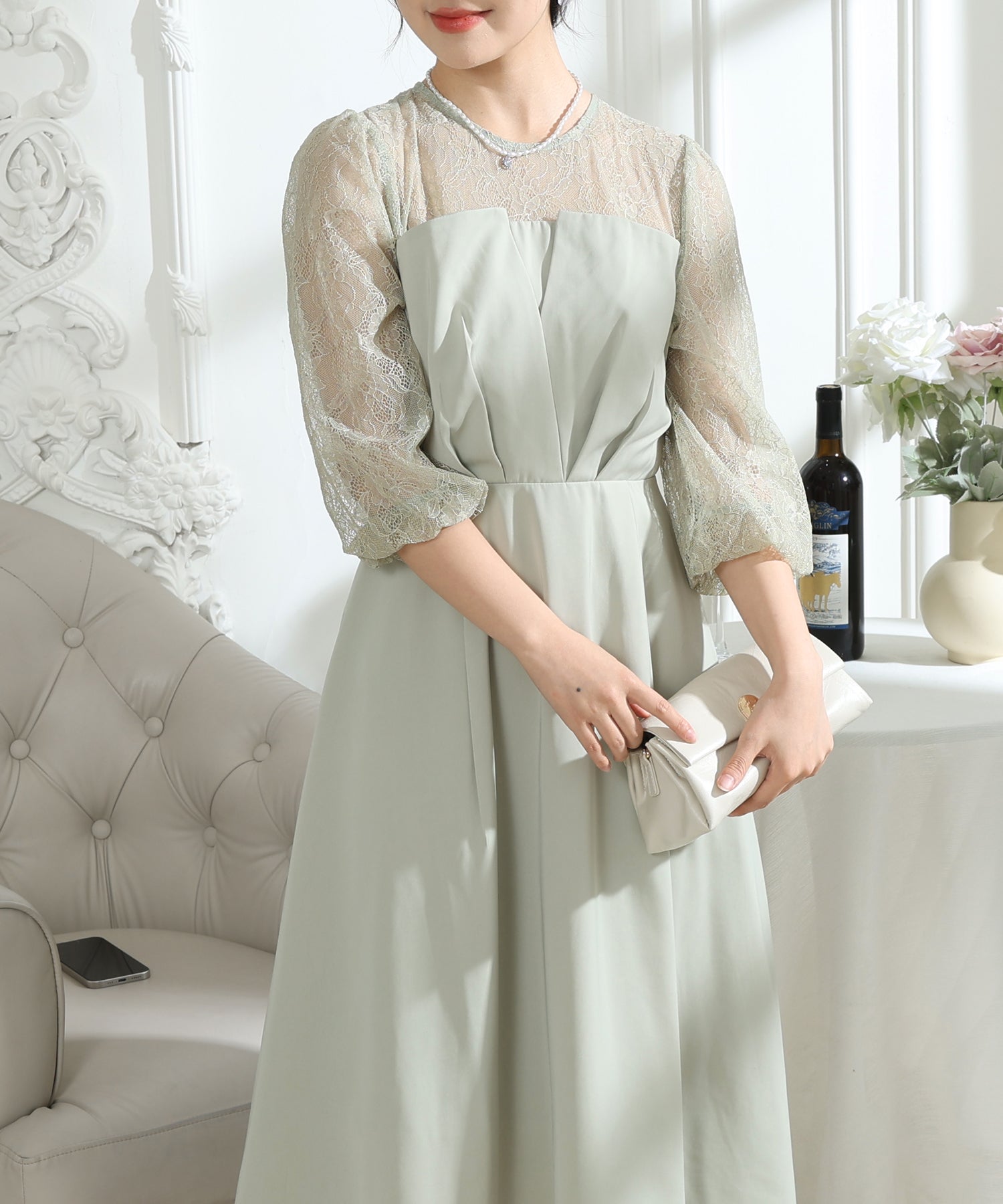 ビスチェ風 レース 切り替え 6分袖 ワンピース – Lace Ladies