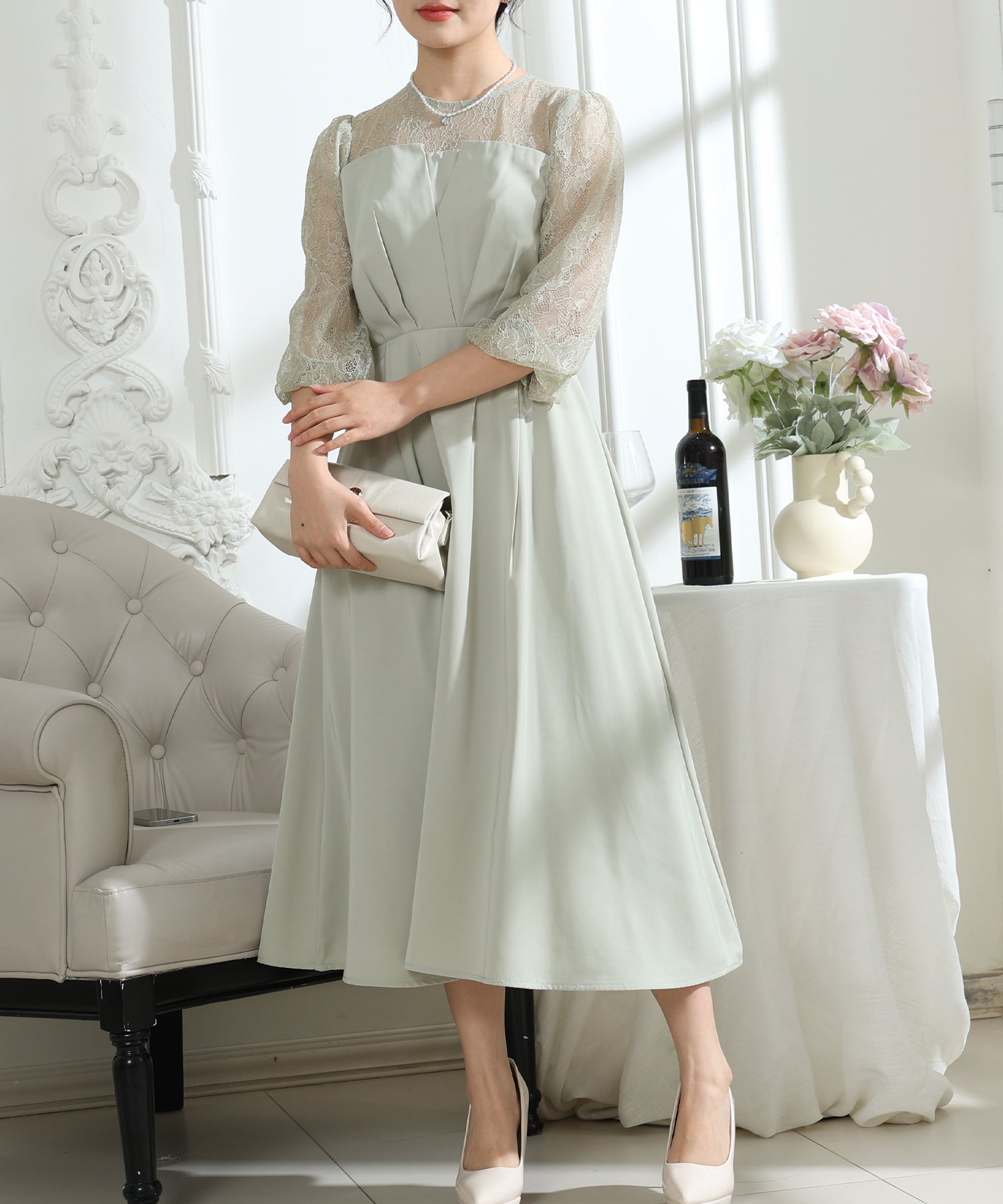 ビスチェ風 レース 切り替え 6分袖 ワンピース – Lace Ladies