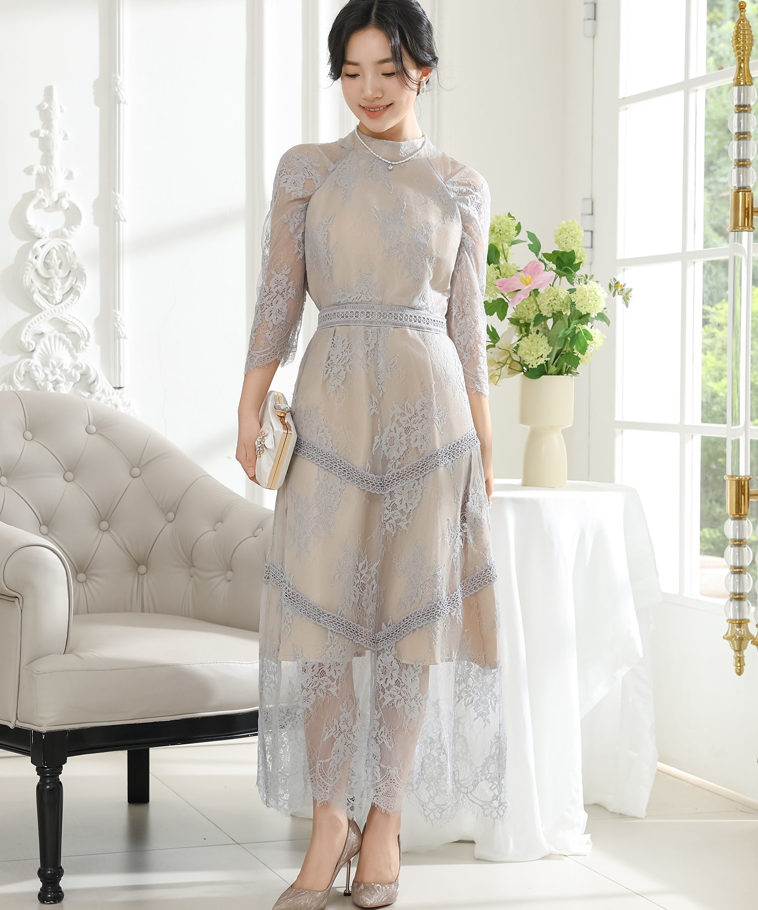 オーガンジー フリル ペプラム レイヤード ロング ドレス – Lace