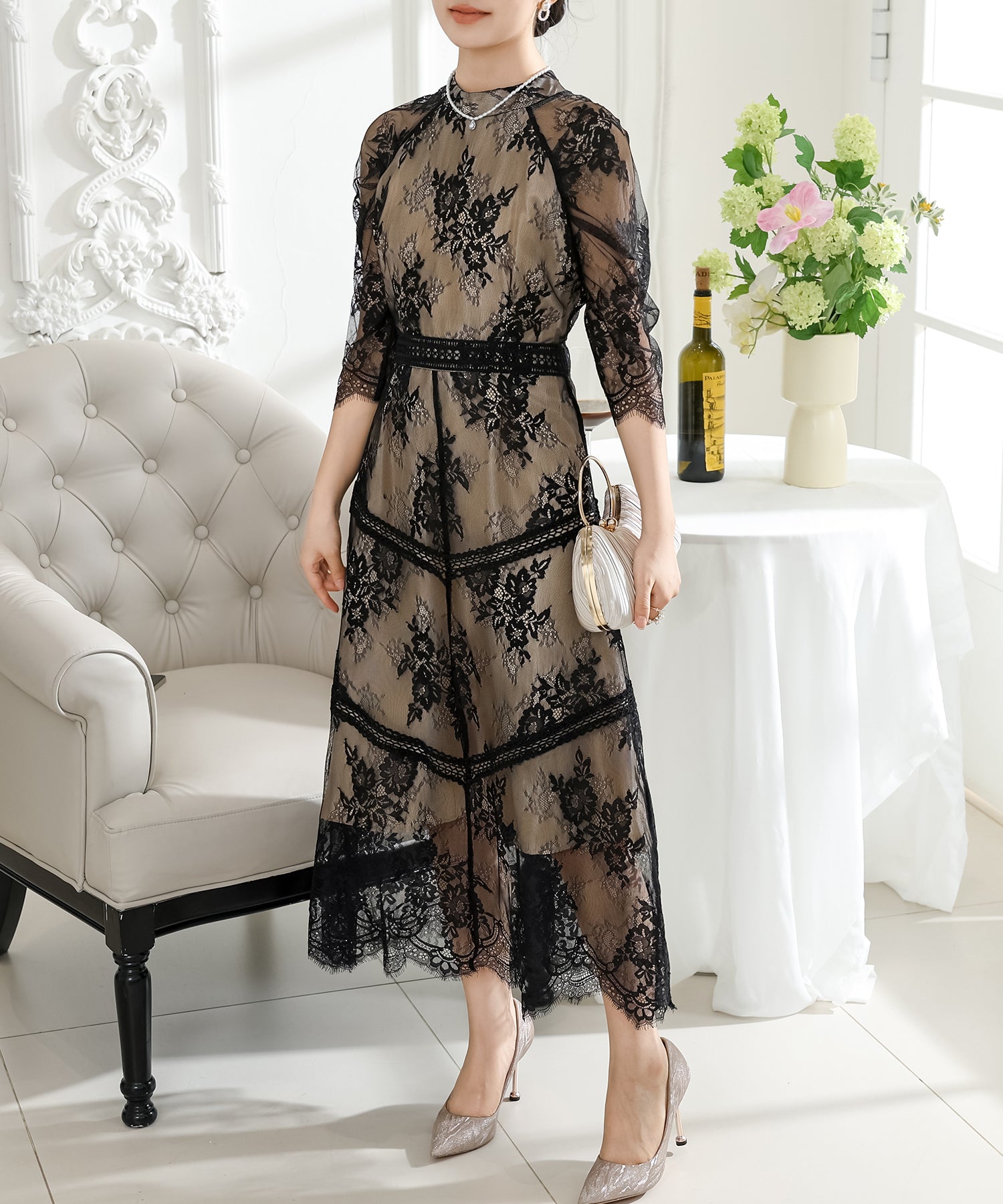 オーガンジー フリル ペプラム レイヤード ロング ドレス – Lace