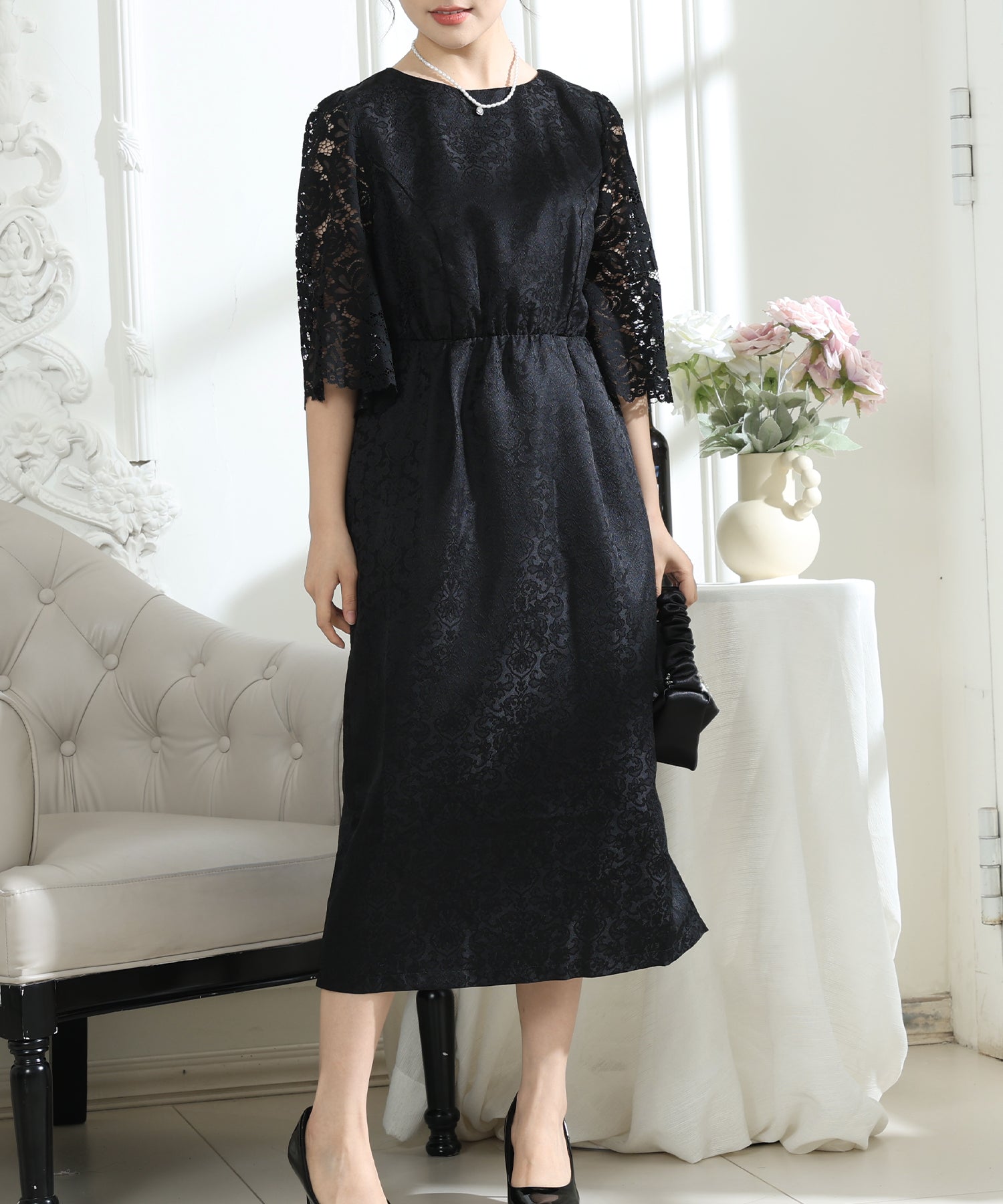 レース 切り替え 6分袖 ナロー ワンピース – Lace Ladies