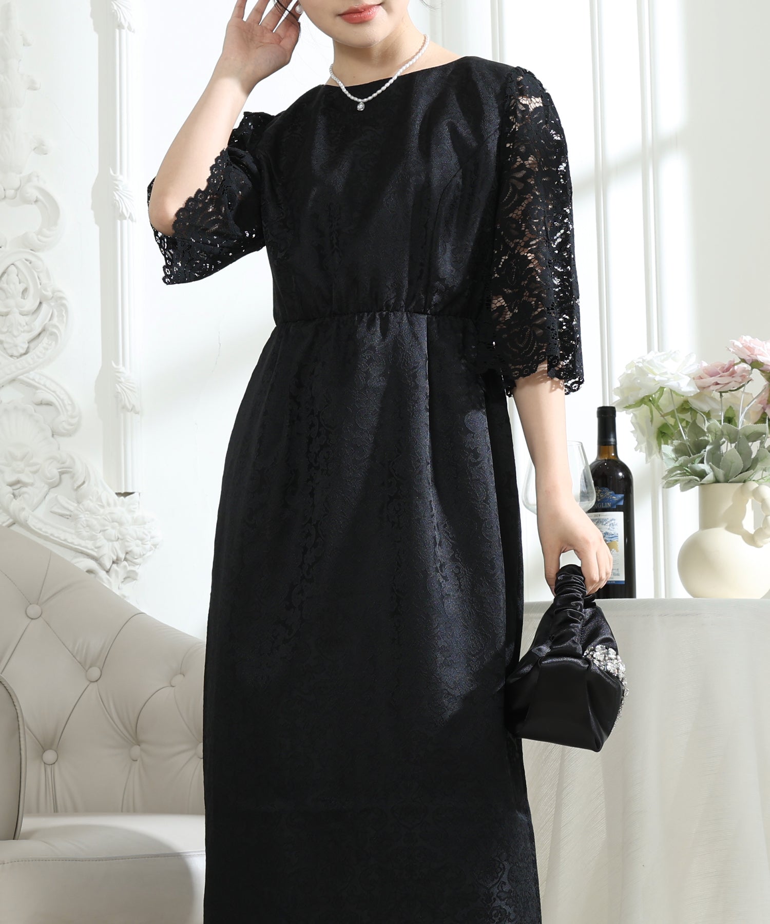 レース 切り替え 6分袖 ナロー ワンピース – Lace Ladies