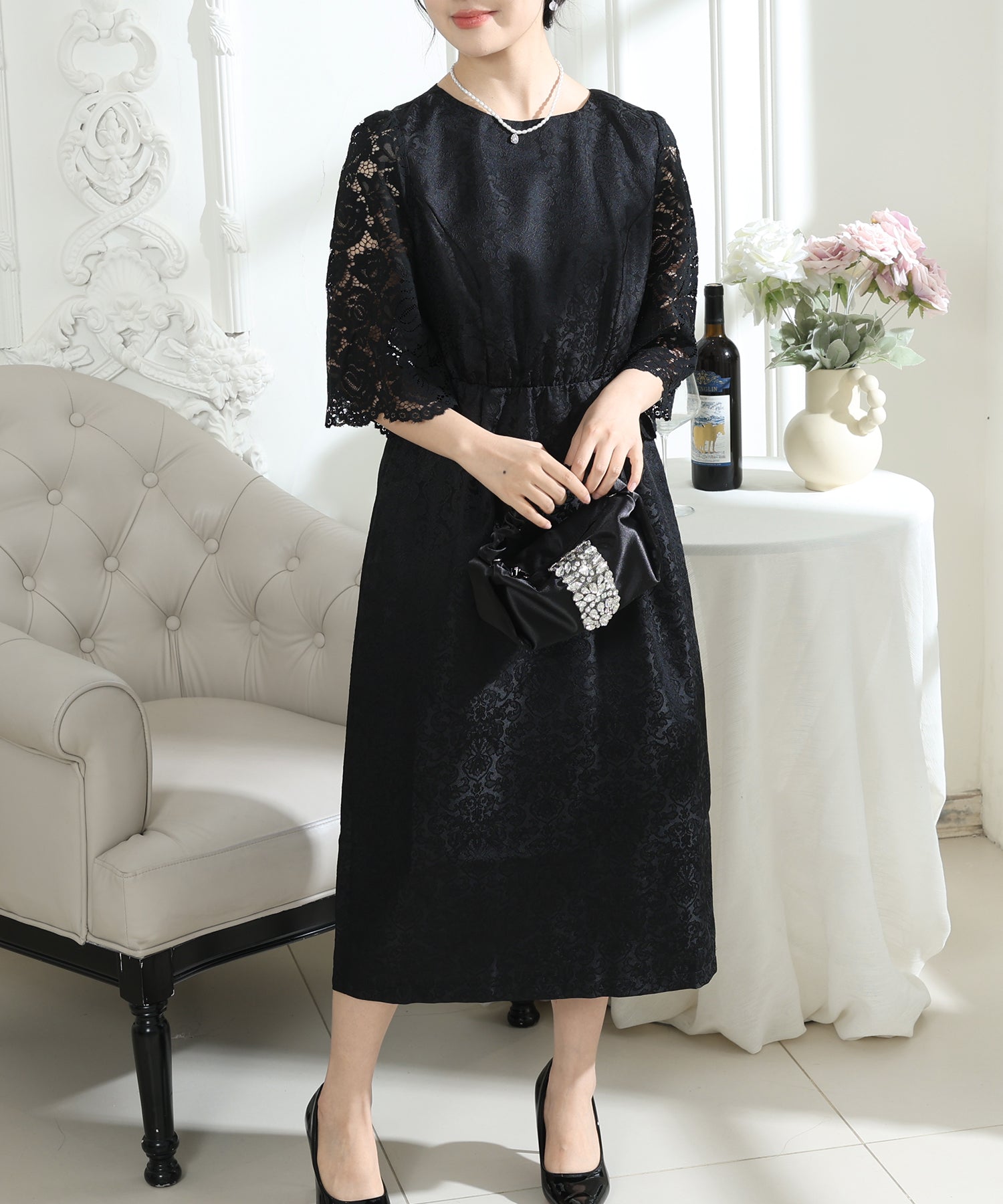 レース 切り替え 6分袖 ナロー ワンピース – Lace Ladies