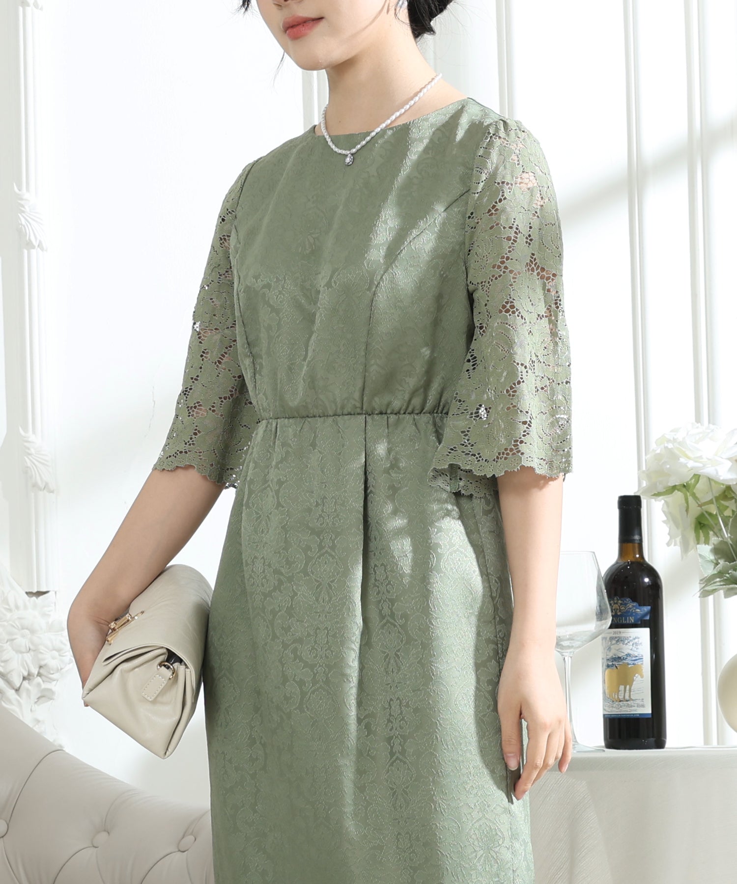 レース 切り替え 6分袖 ナロー ワンピース – Lace Ladies