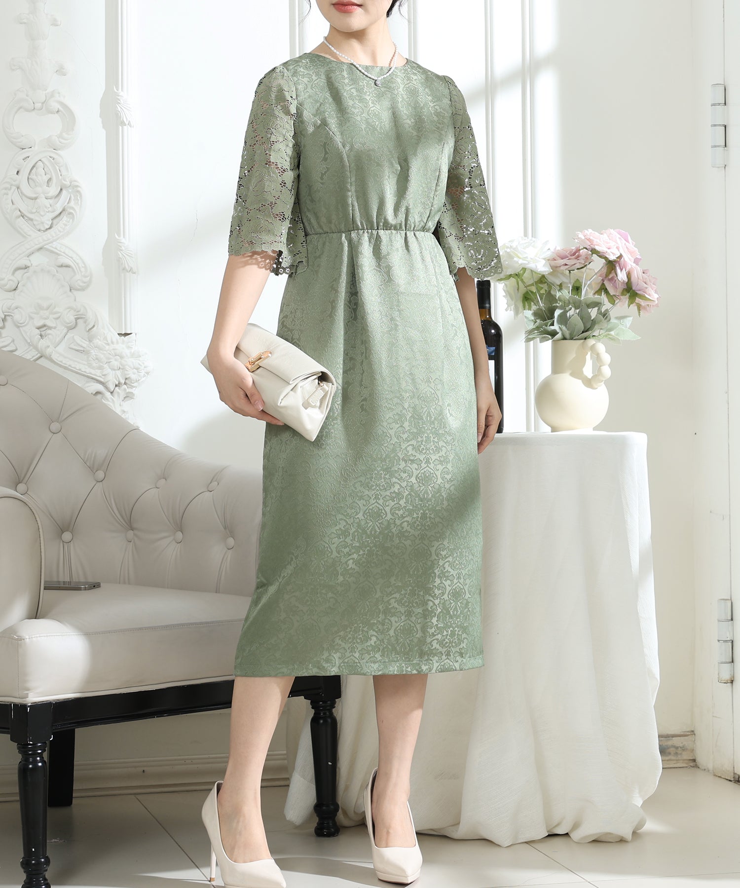 レース 切り替え 6分袖 ナロー ワンピース – Lace Ladies