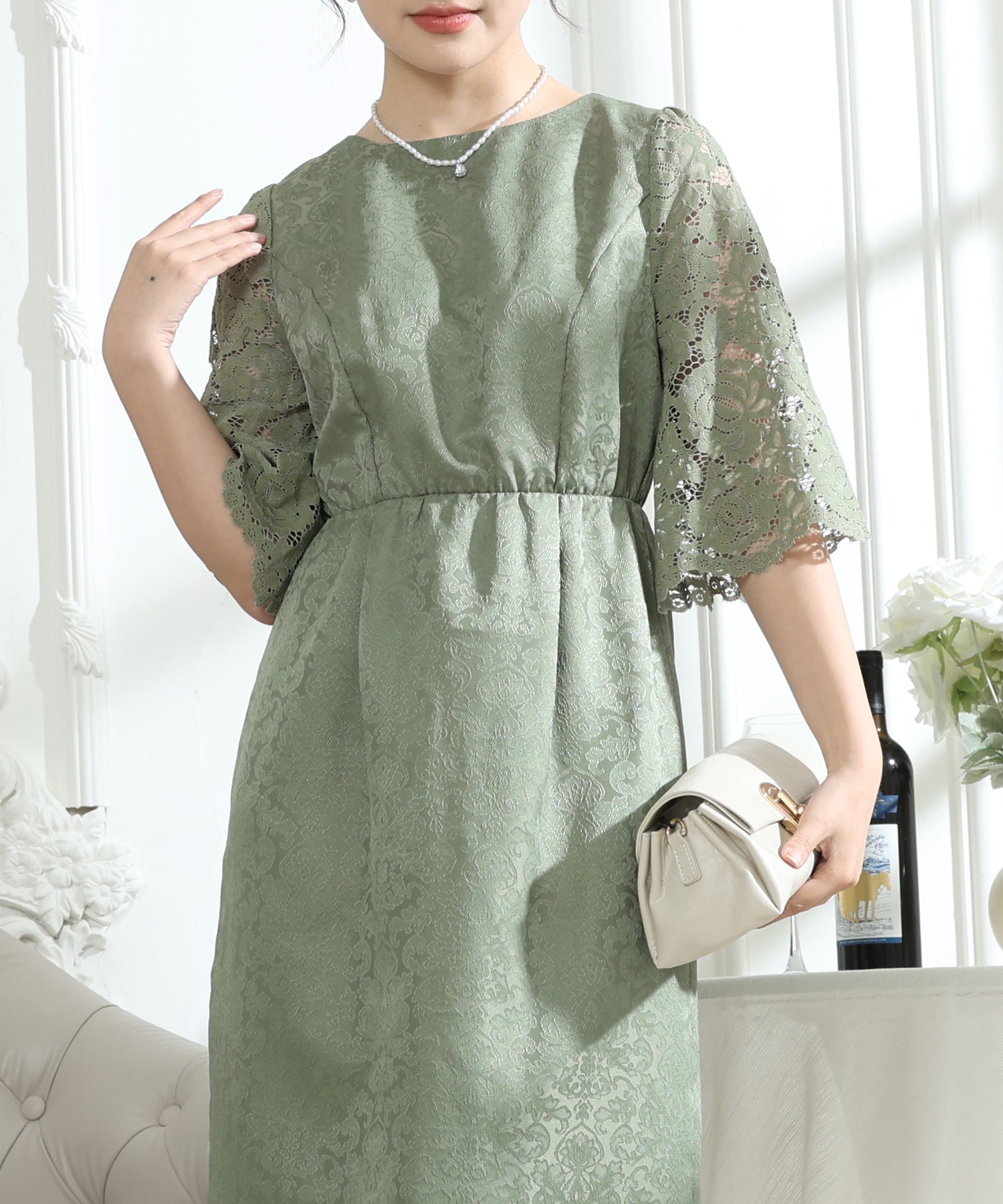 レース 切り替え 6分袖 ナロー ワンピース – Lace Ladies