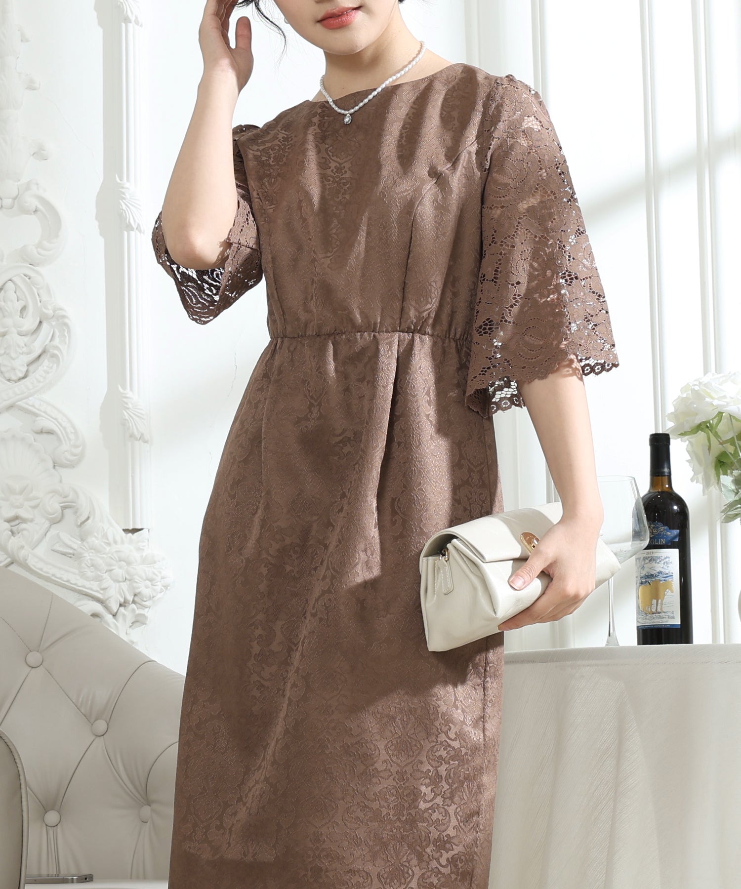 レース 切り替え 6分袖 ナロー ワンピース – Lace Ladies