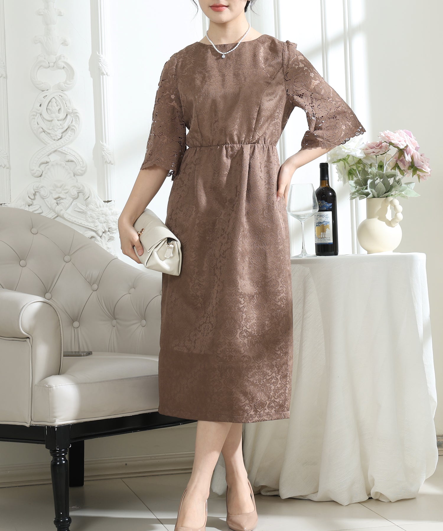 レース 切り替え 6分袖 ナロー ワンピース – Lace Ladies