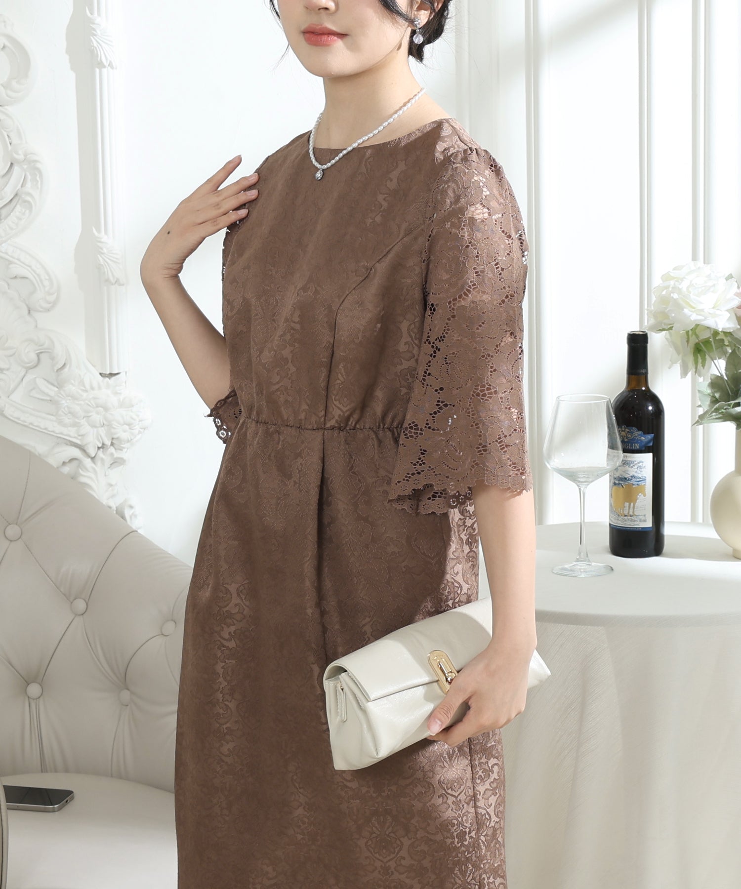 レース 切り替え 6分袖 ナロー ワンピース – Lace Ladies