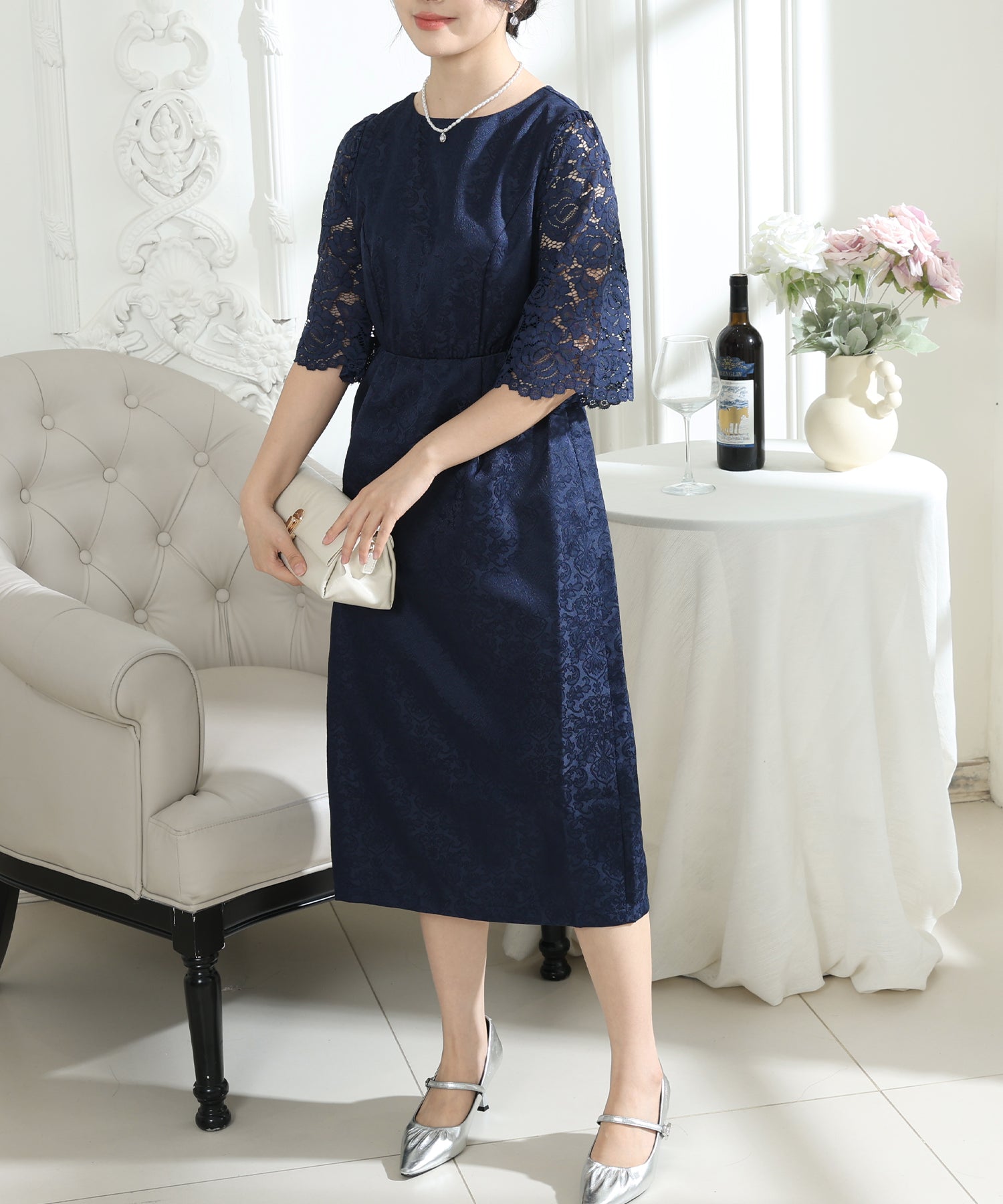 レース 切り替え 6分袖 ナロー ワンピース – Lace Ladies