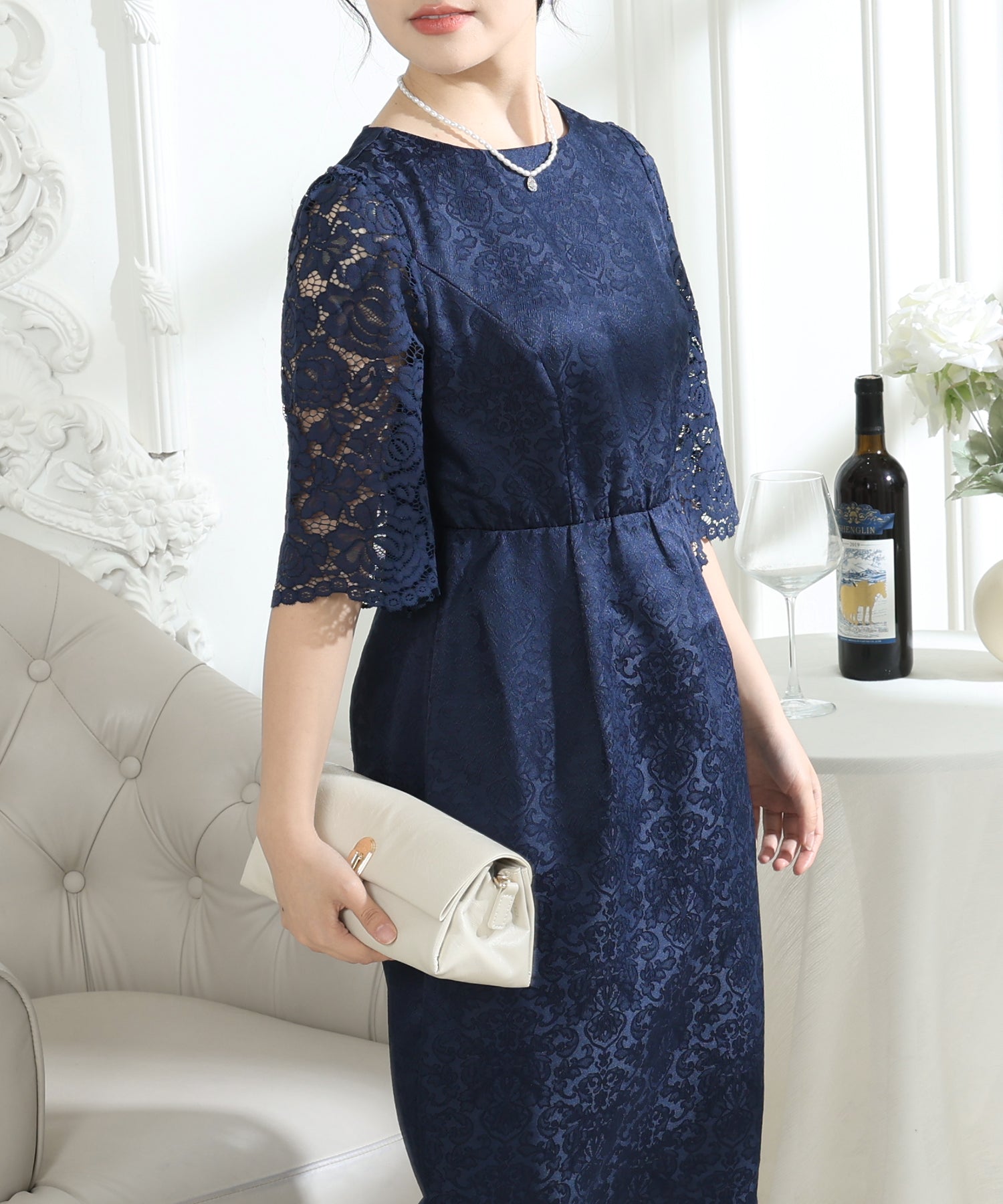 レース 切り替え 6分袖 ナロー ワンピース – Lace Ladies