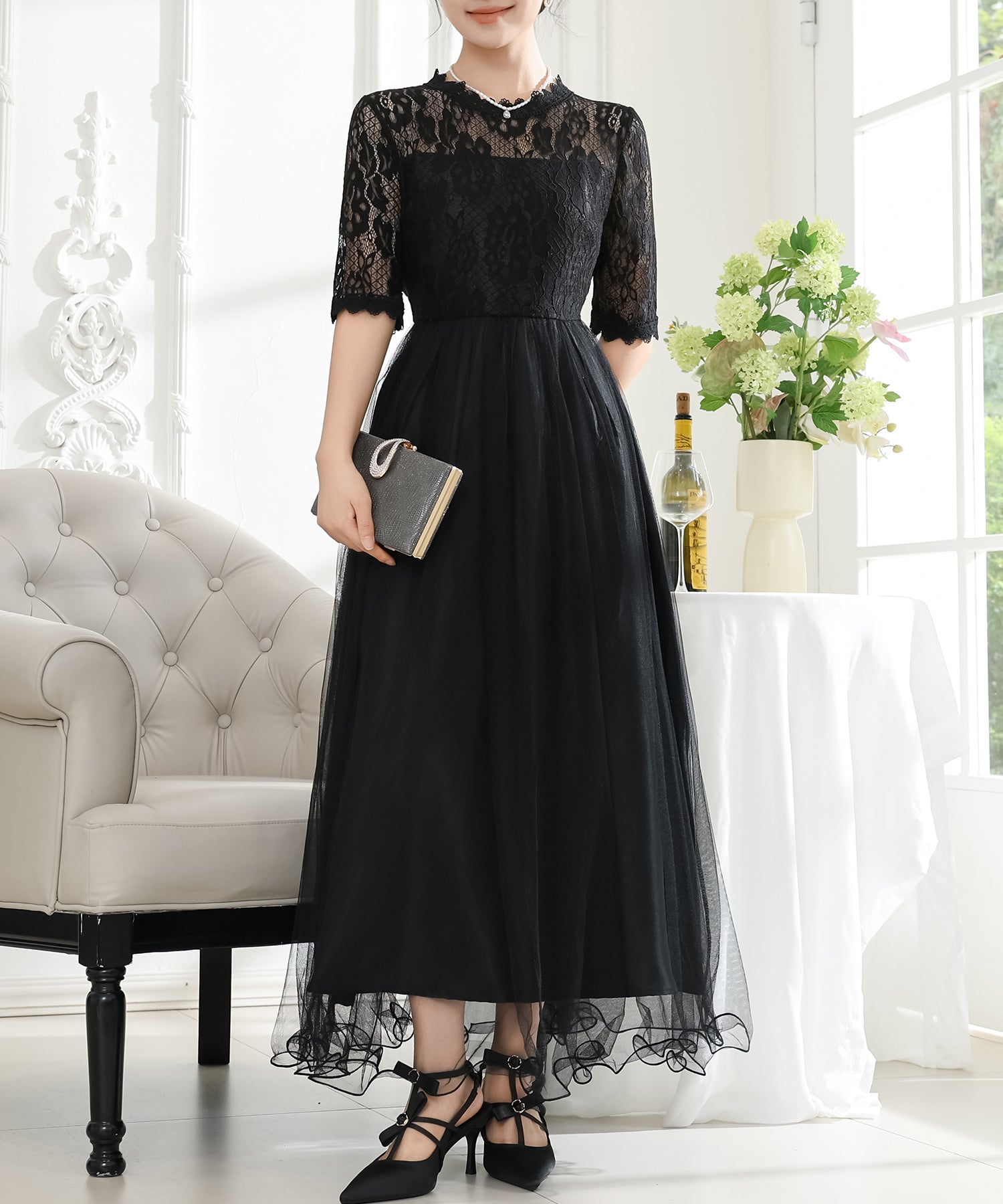 プチハイネック レース ドッキング 半袖 チュール ワンピース – Lace