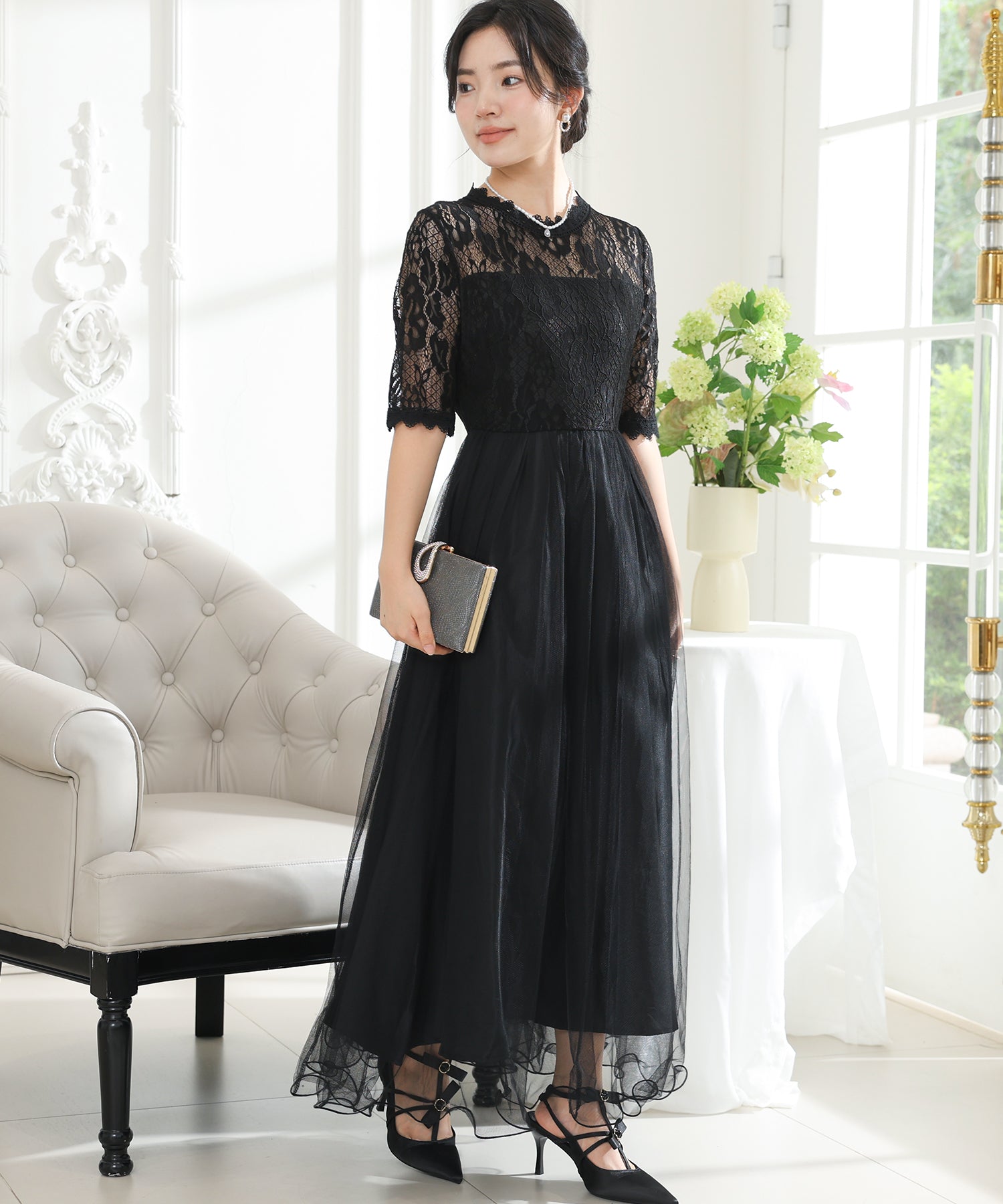 プチハイネック レース ドッキング 半袖 チュール ワンピース – Lace