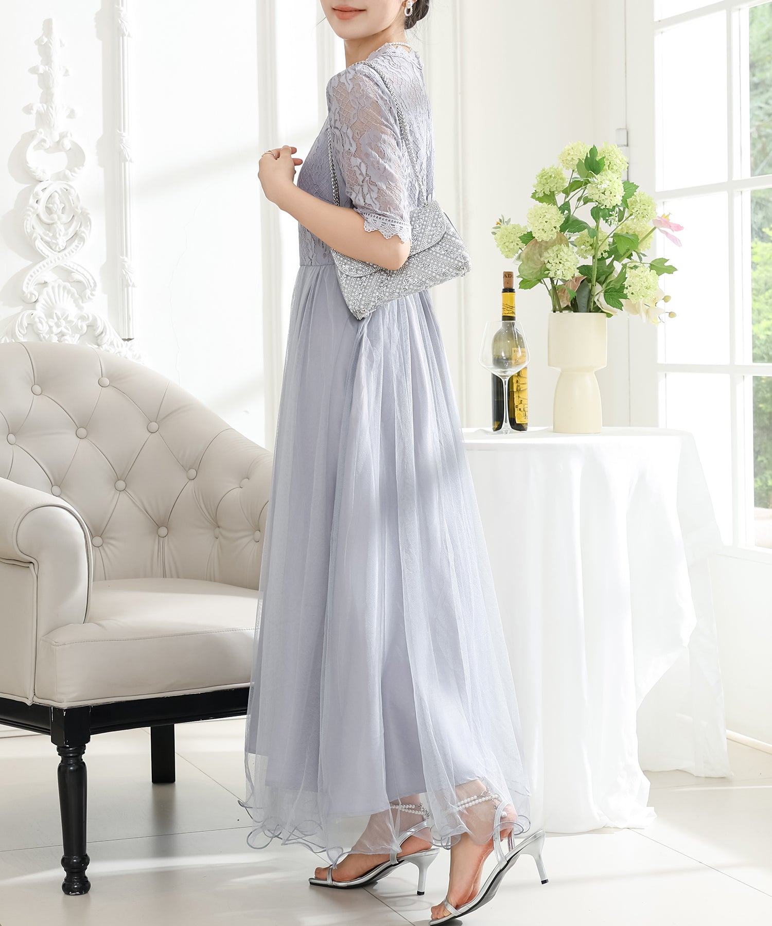 プチハイネック レース ドッキング 半袖 チュール ワンピース – Lace