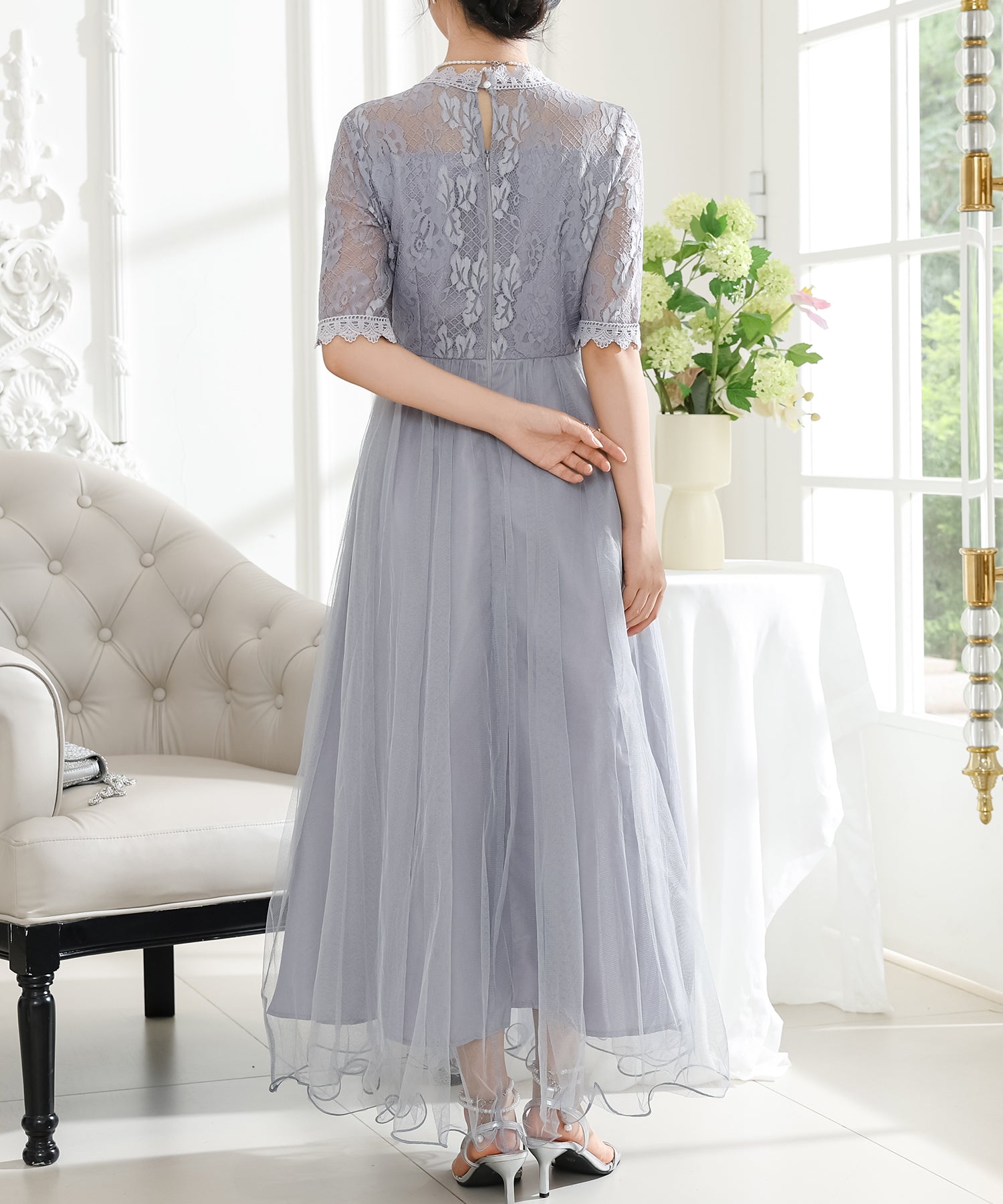 プチハイネック レース ドッキング 半袖 チュール ワンピース – Lace