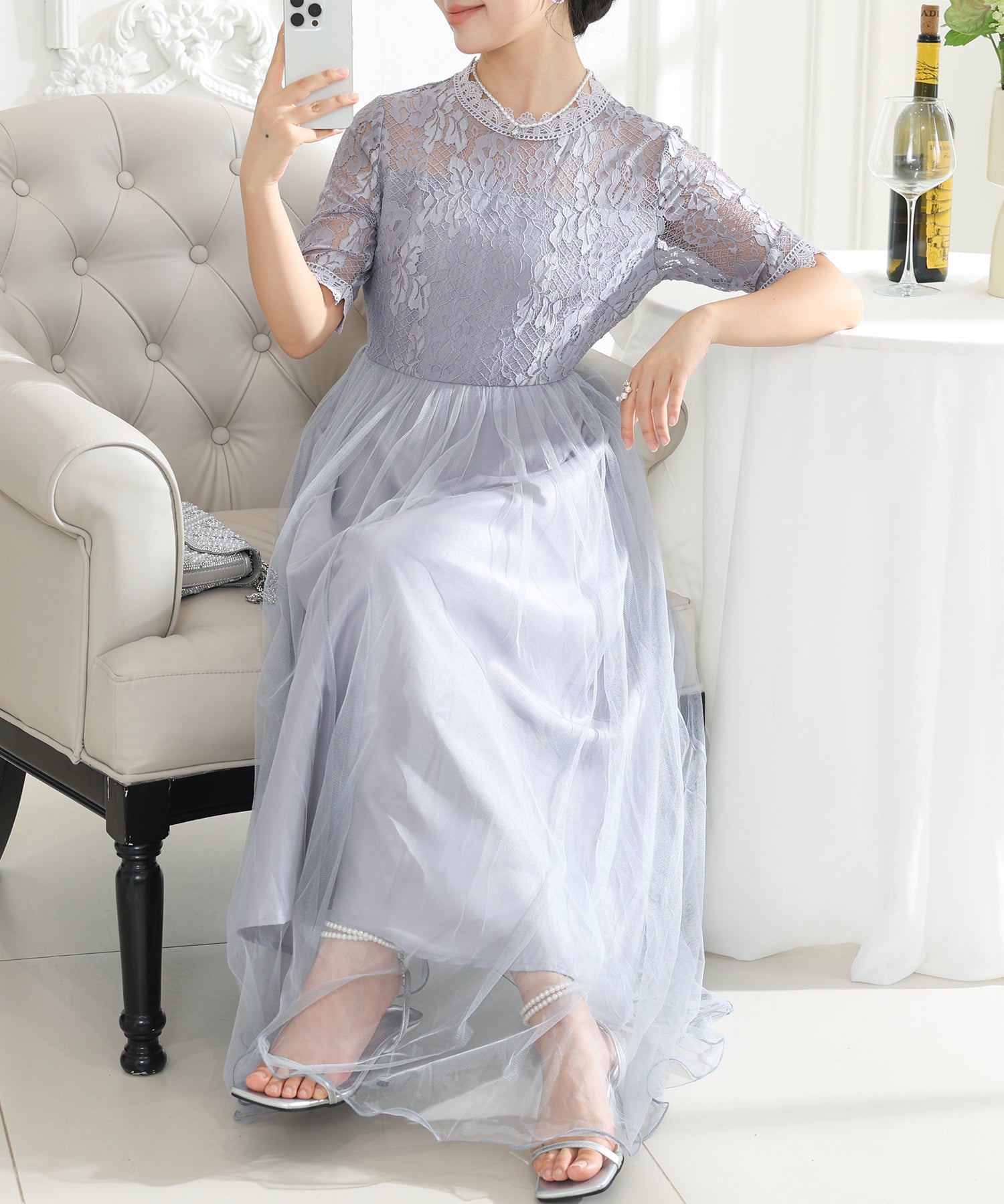 プチハイネック レース ドッキング 半袖 チュール ワンピース – Lace