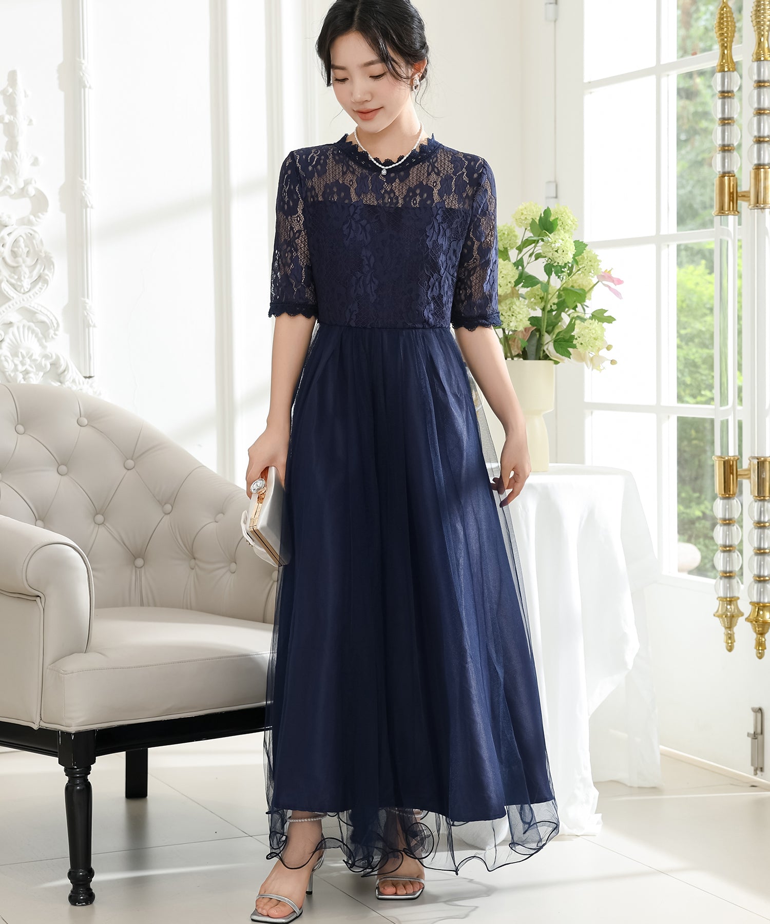 プチハイネック レース ドッキング 半袖 チュール ワンピース – Lace