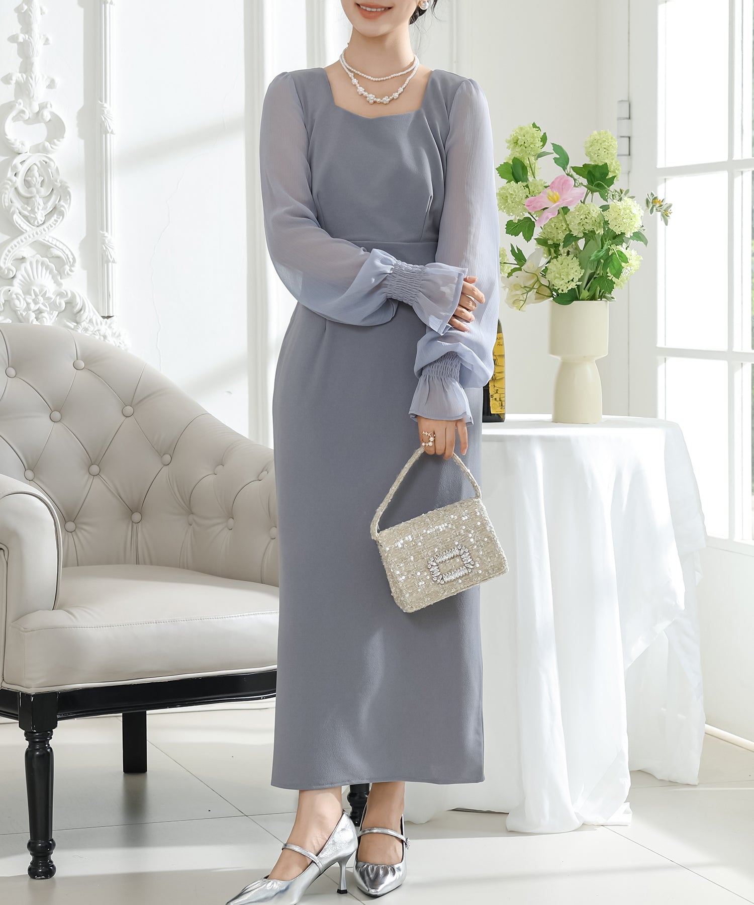 スクエアネック シアー ドッキング タイト ロング ワンピース