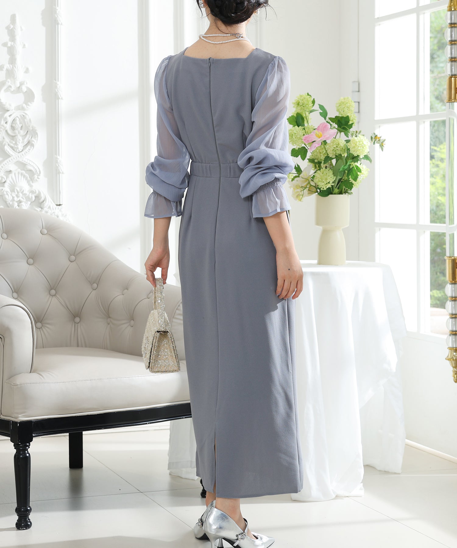 スクエアネック シアー ドッキング タイト ロング ワンピース – Lace