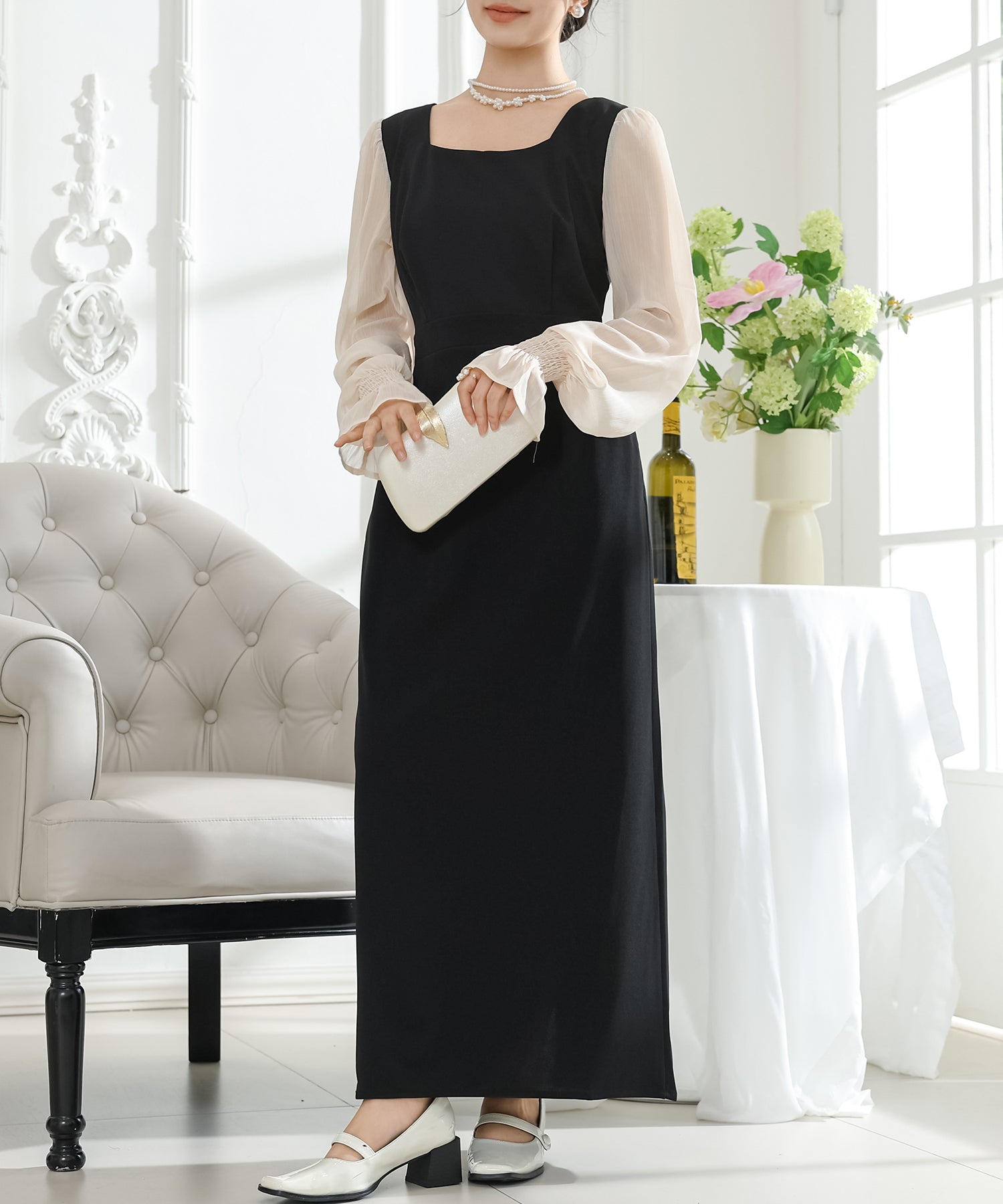 スクエアネック シアー ドッキング タイト ロング ワンピース