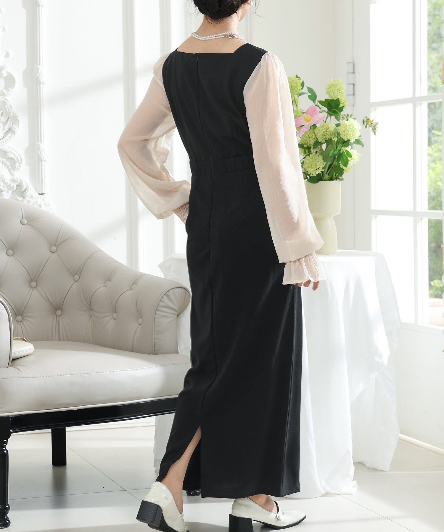 ロングドレス、ロングワンピース スクエアネック シアー ドッキング タイト ロング ワンピース – Lace