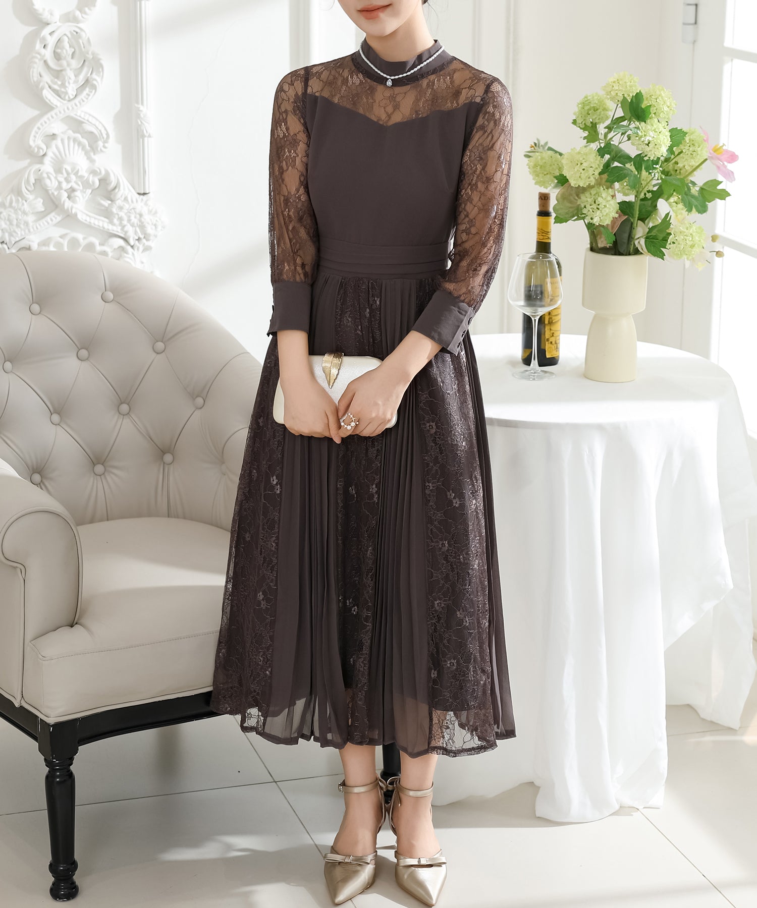 プチハイネック レース ドッキング プリーツ ワンピース – Lace Ladies