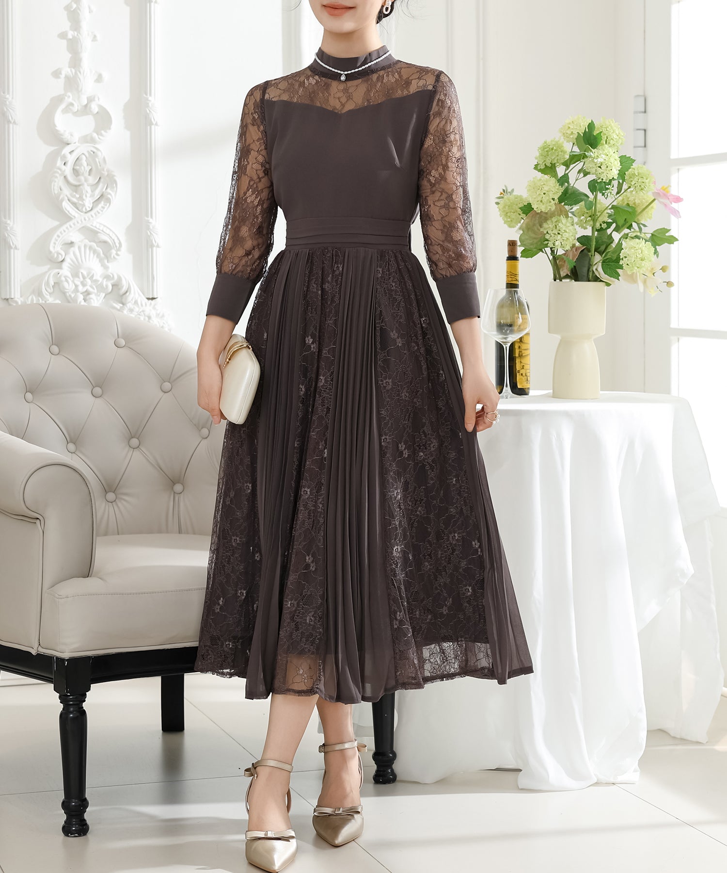 プチハイネック レース ドッキング プリーツ ワンピース – Lace Ladies