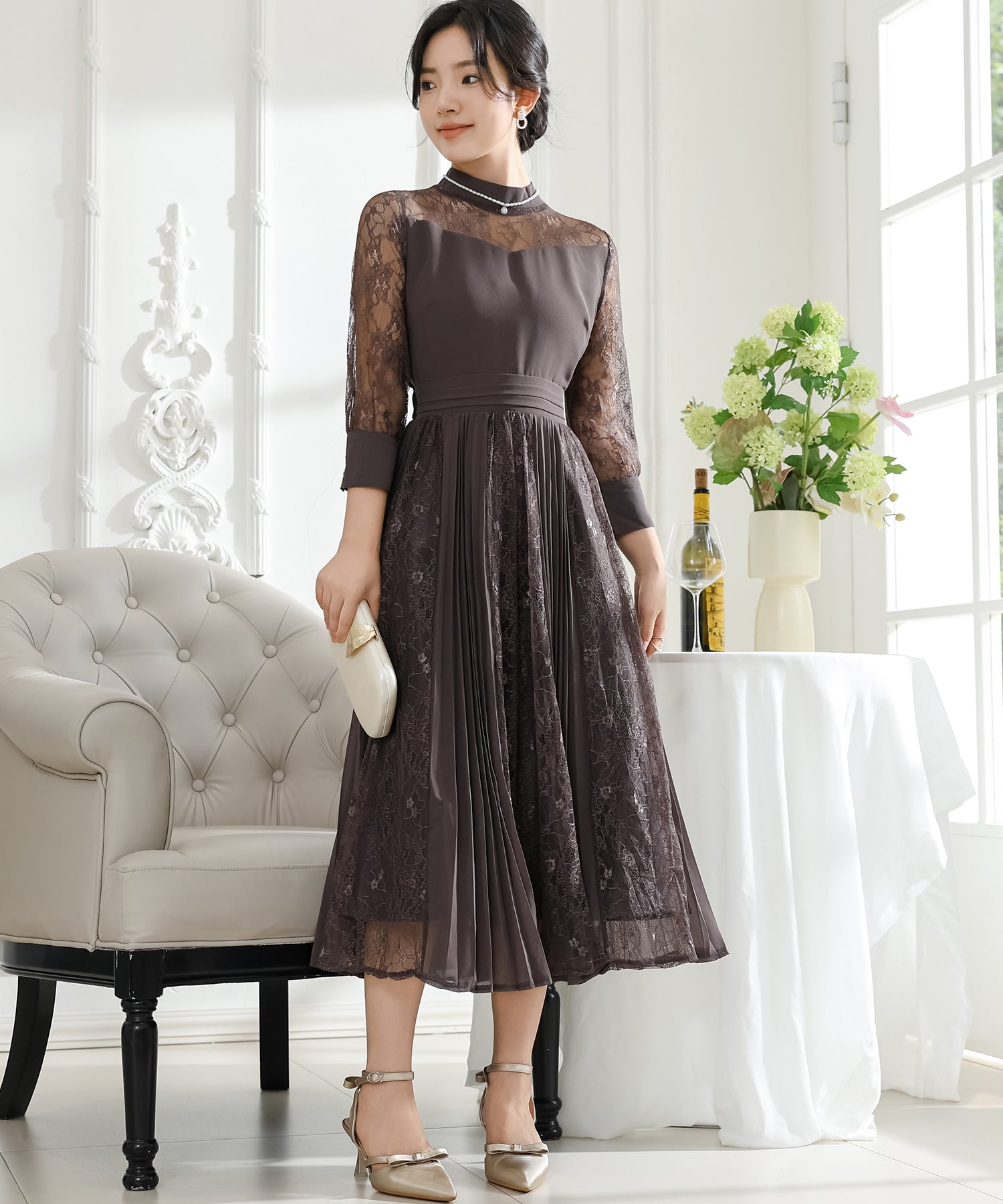 プチハイネック レース ドッキング プリーツ ワンピース – Lace Ladies
