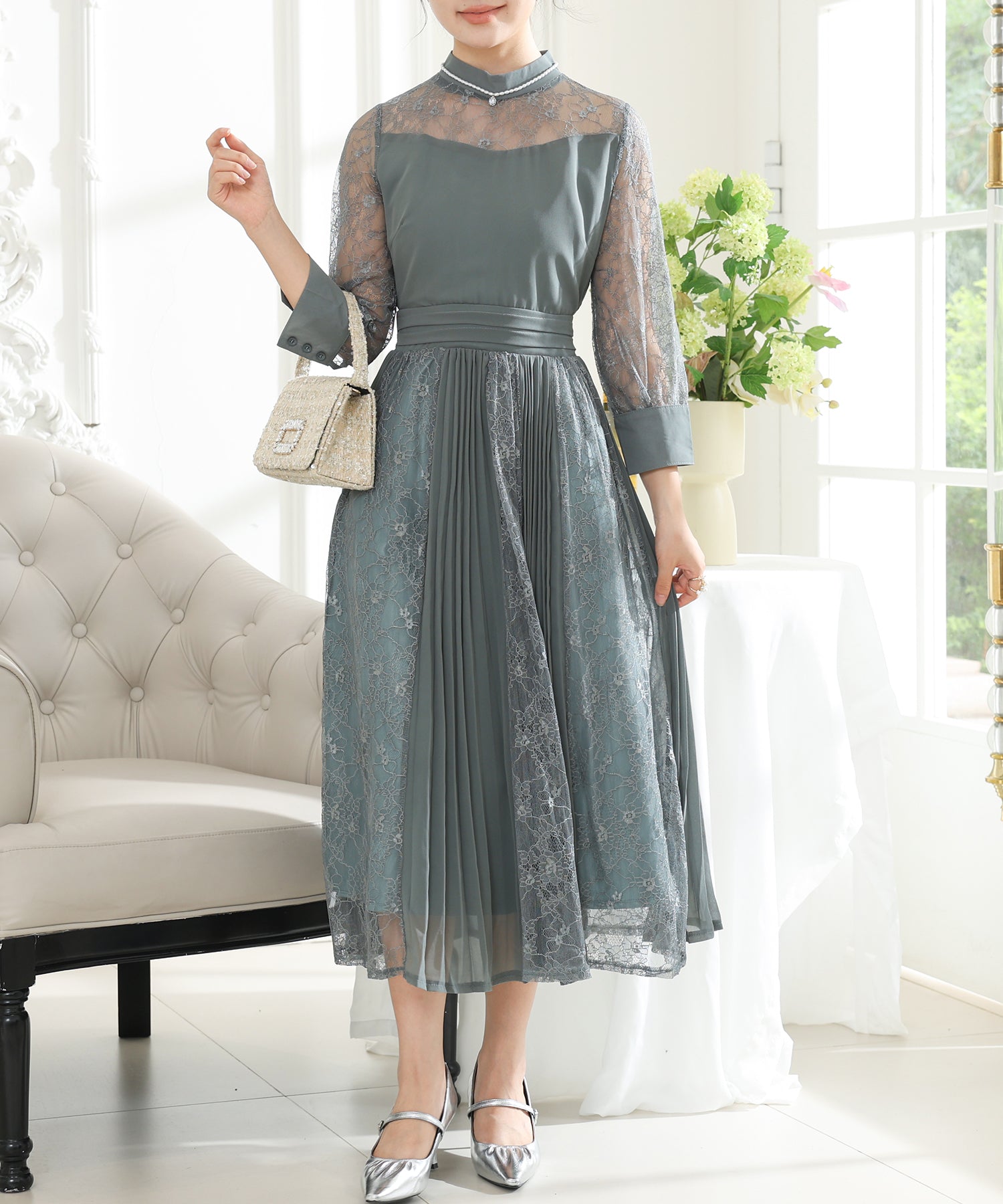 プチハイネック レース ドッキング プリーツ ワンピース – Lace Ladies