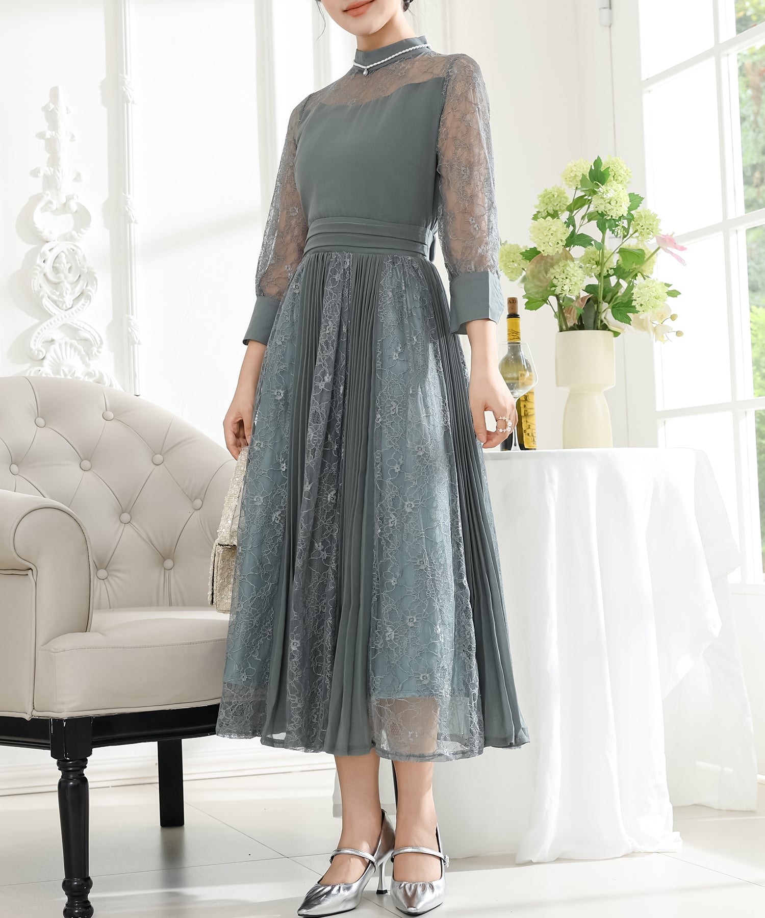 プチハイネック レース ドッキング プリーツ ワンピース – Lace Ladies