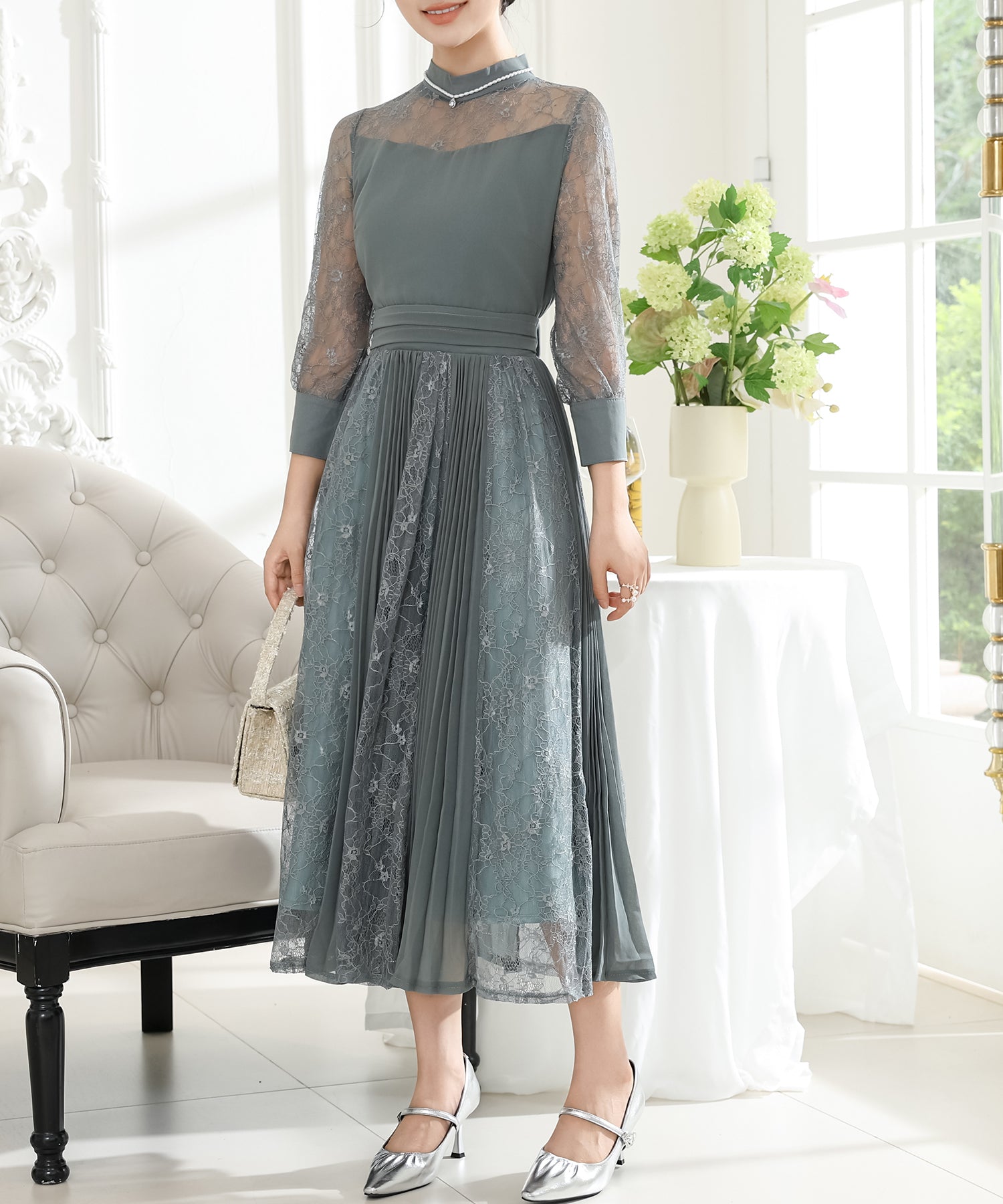 プチハイネック レース ドッキング プリーツ ワンピース – Lace Ladies