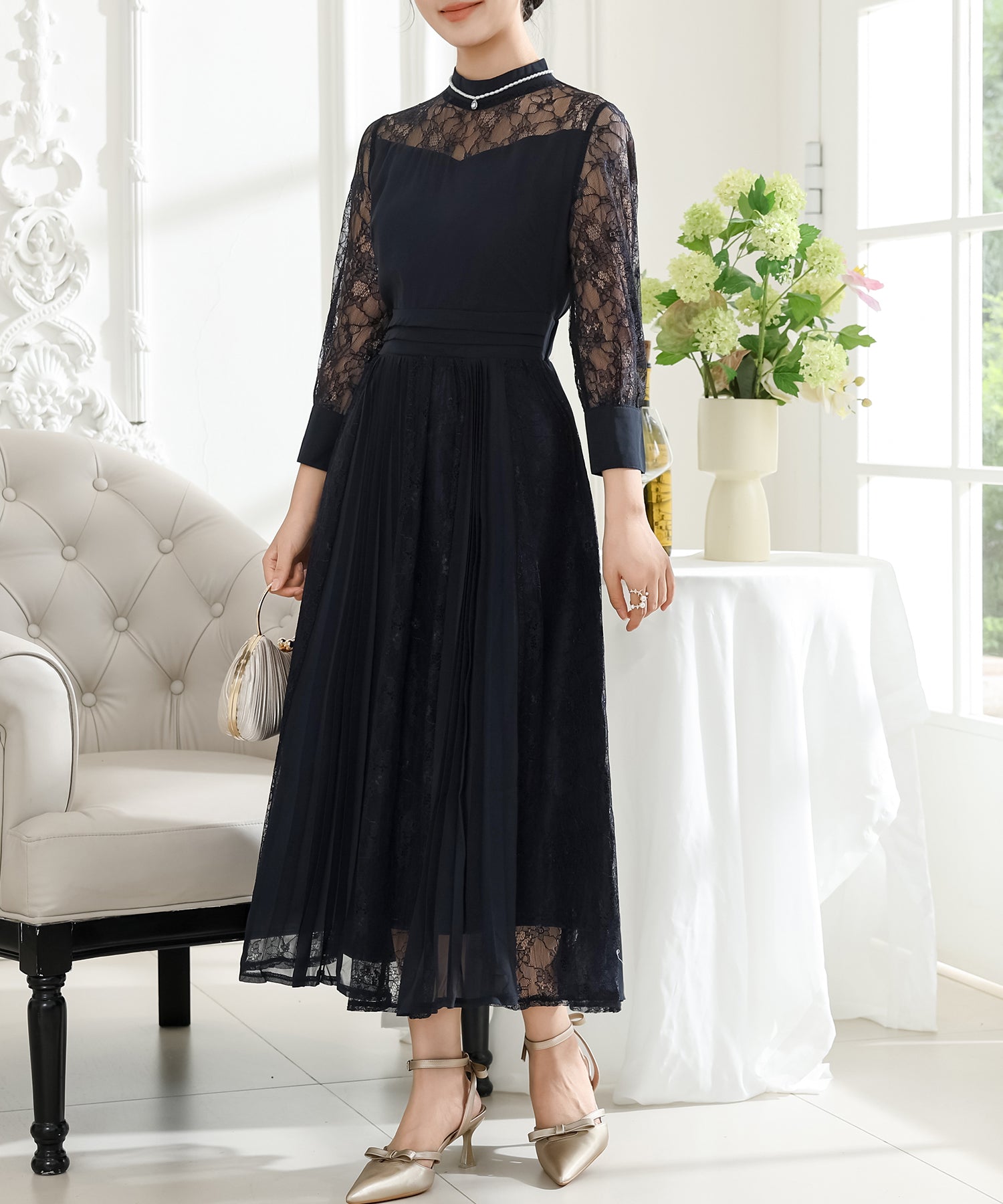 プチハイネック レース ドッキング プリーツ ワンピース – Lace Ladies