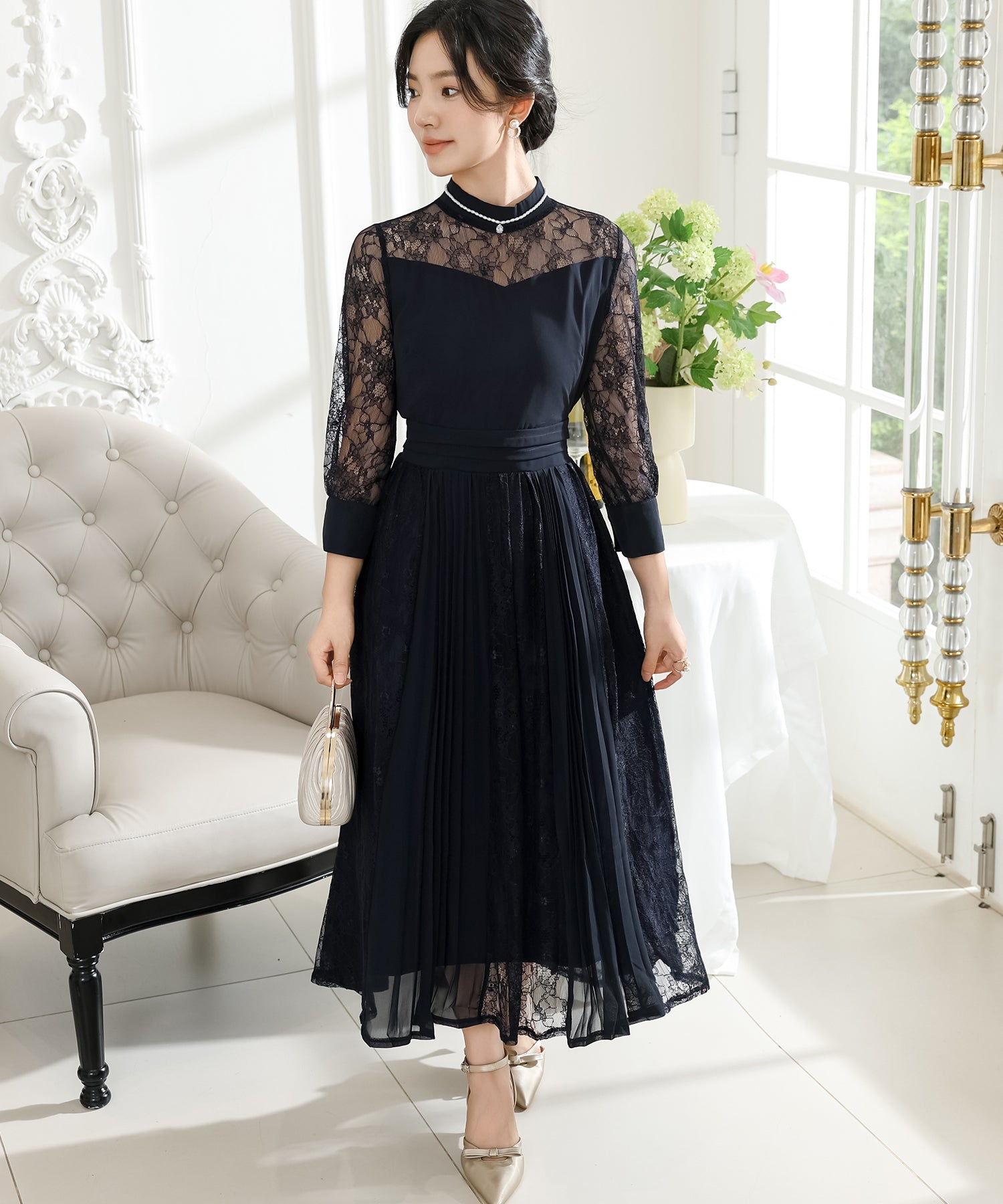 プチハイネック レース ドッキング プリーツ ワンピース – Lace Ladies