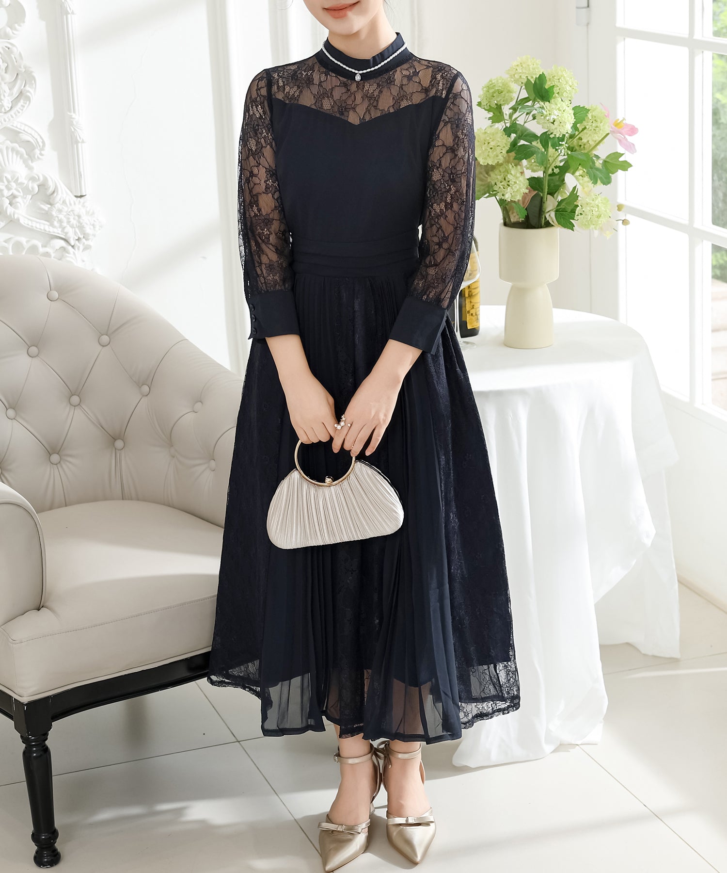 プチハイネック レース ドッキング プリーツ ワンピース – Lace Ladies