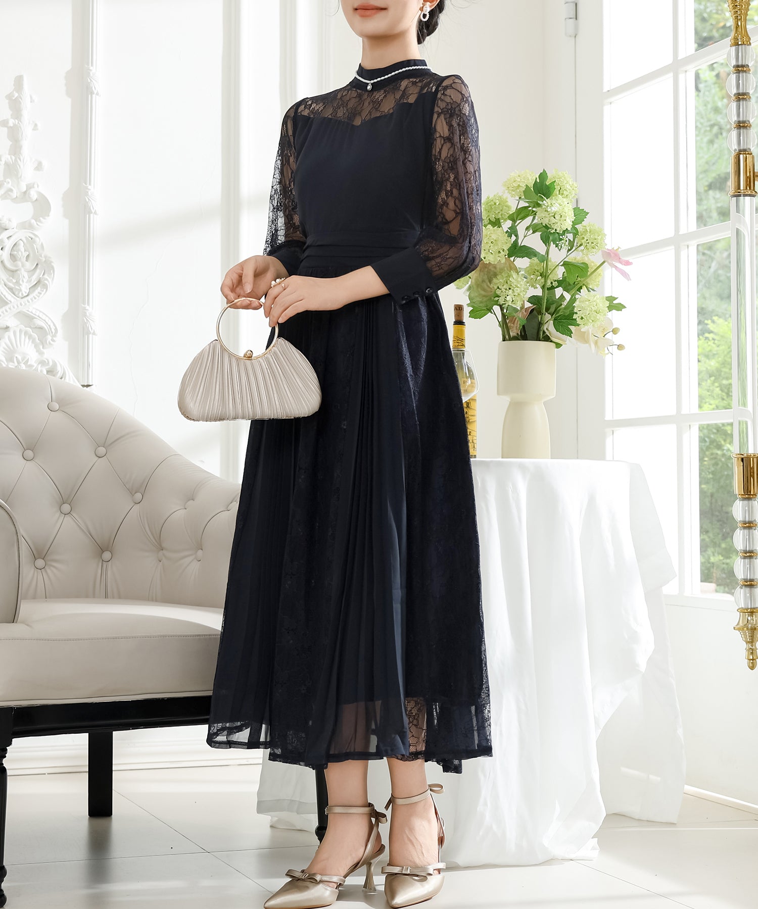 プチハイネック レース ドッキング プリーツ ワンピース – Lace Ladies