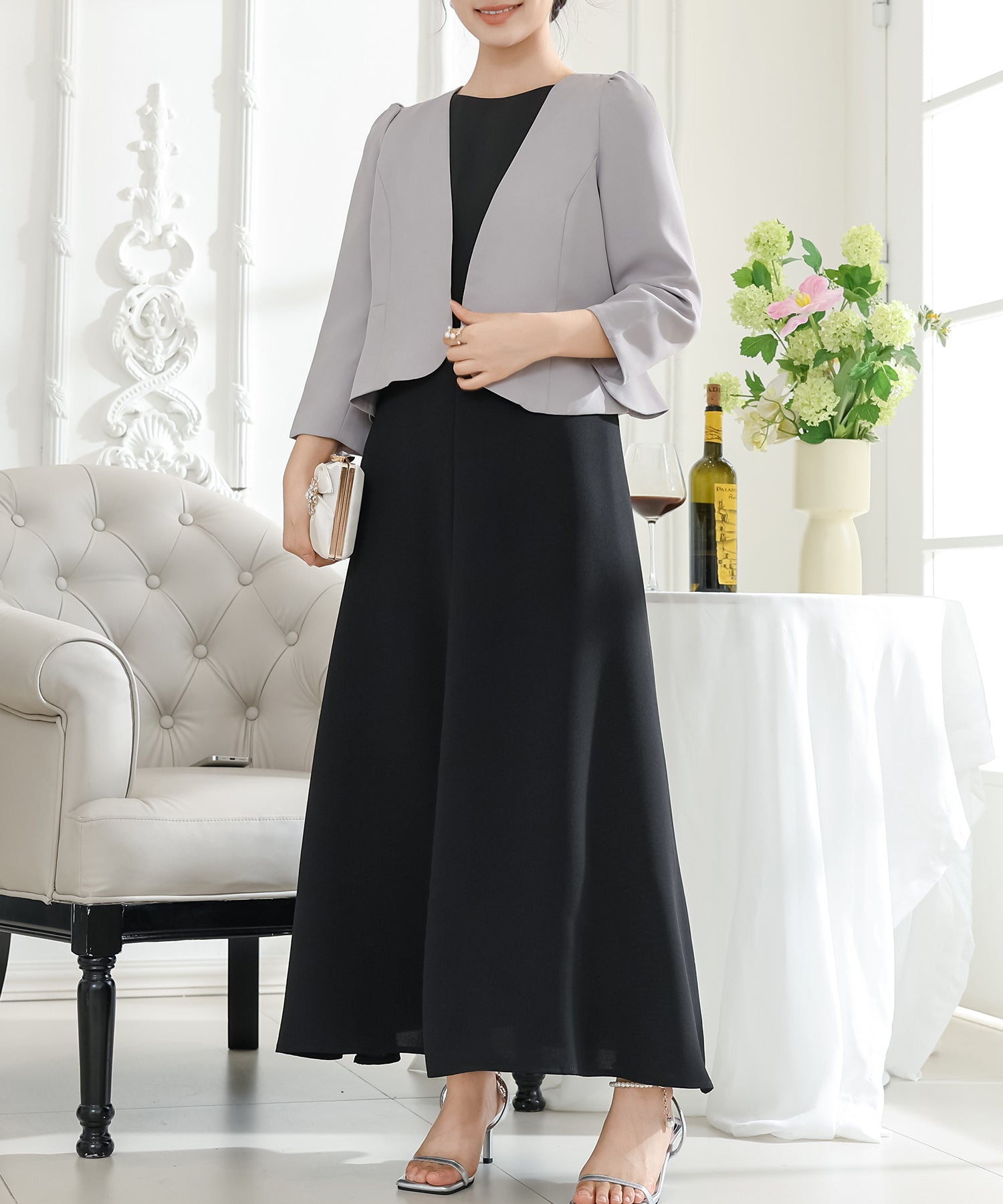 2点セット】 ノーカラー ジャケット付き Aライン ノースリーブ