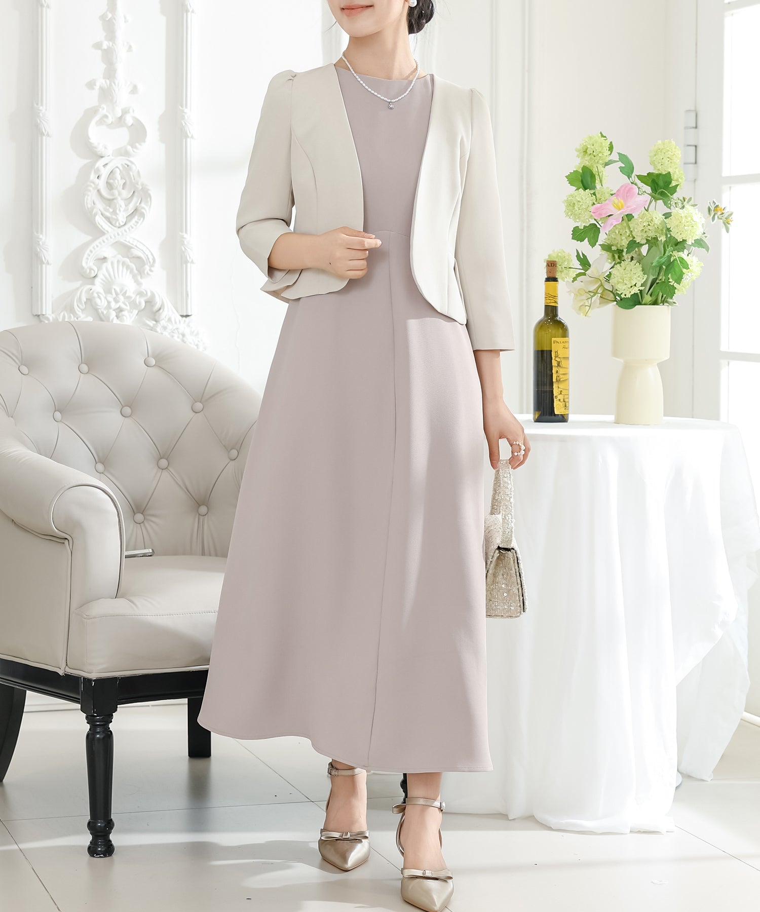 2点セット】 ノーカラー ジャケット付き Aライン ノースリーブ