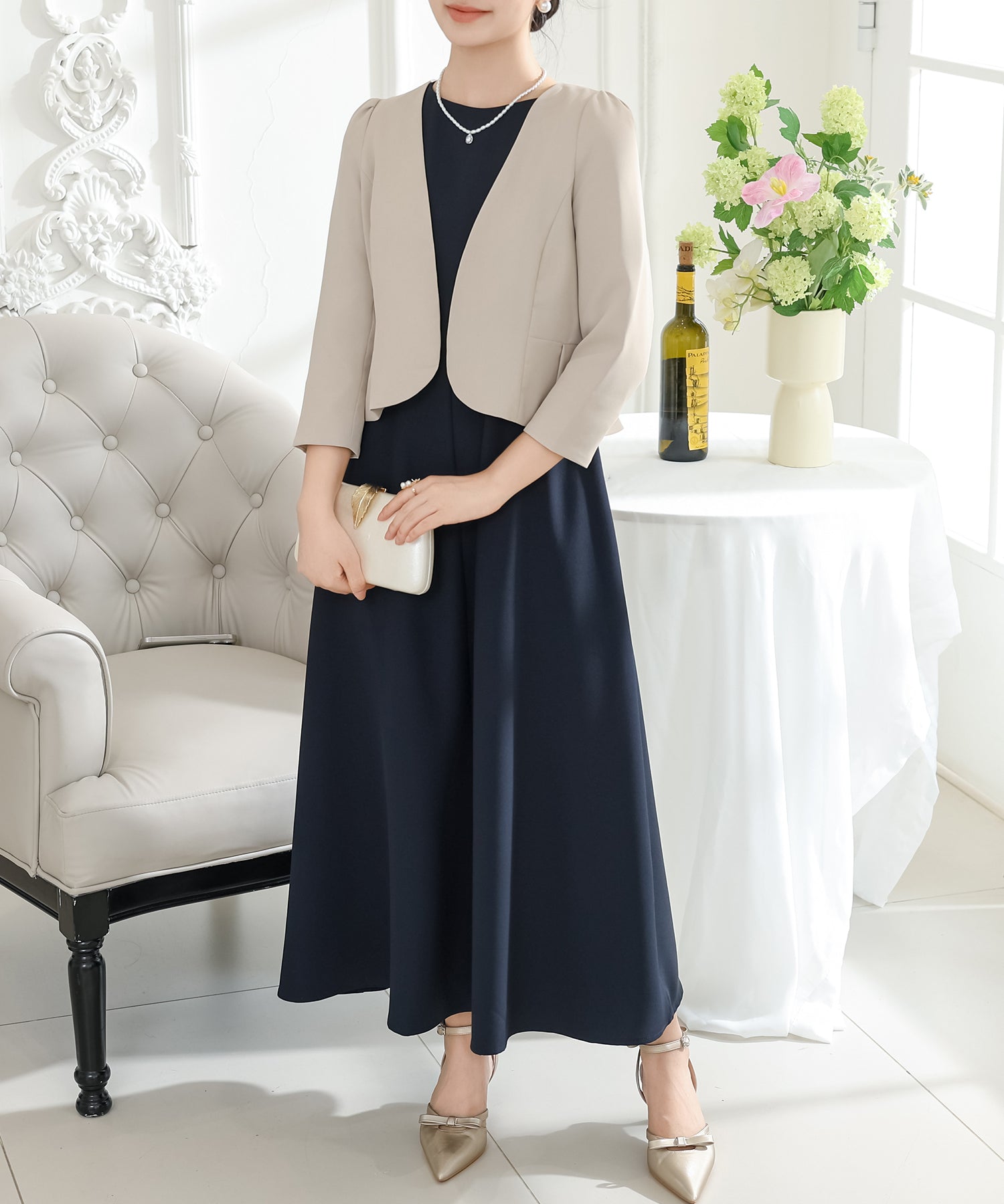 2点セット】 ノーカラー ジャケット付き Aライン ノースリーブ