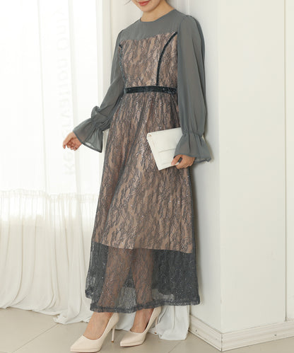 レース スパンコール ドッキング キャンディスリーブ ドレス